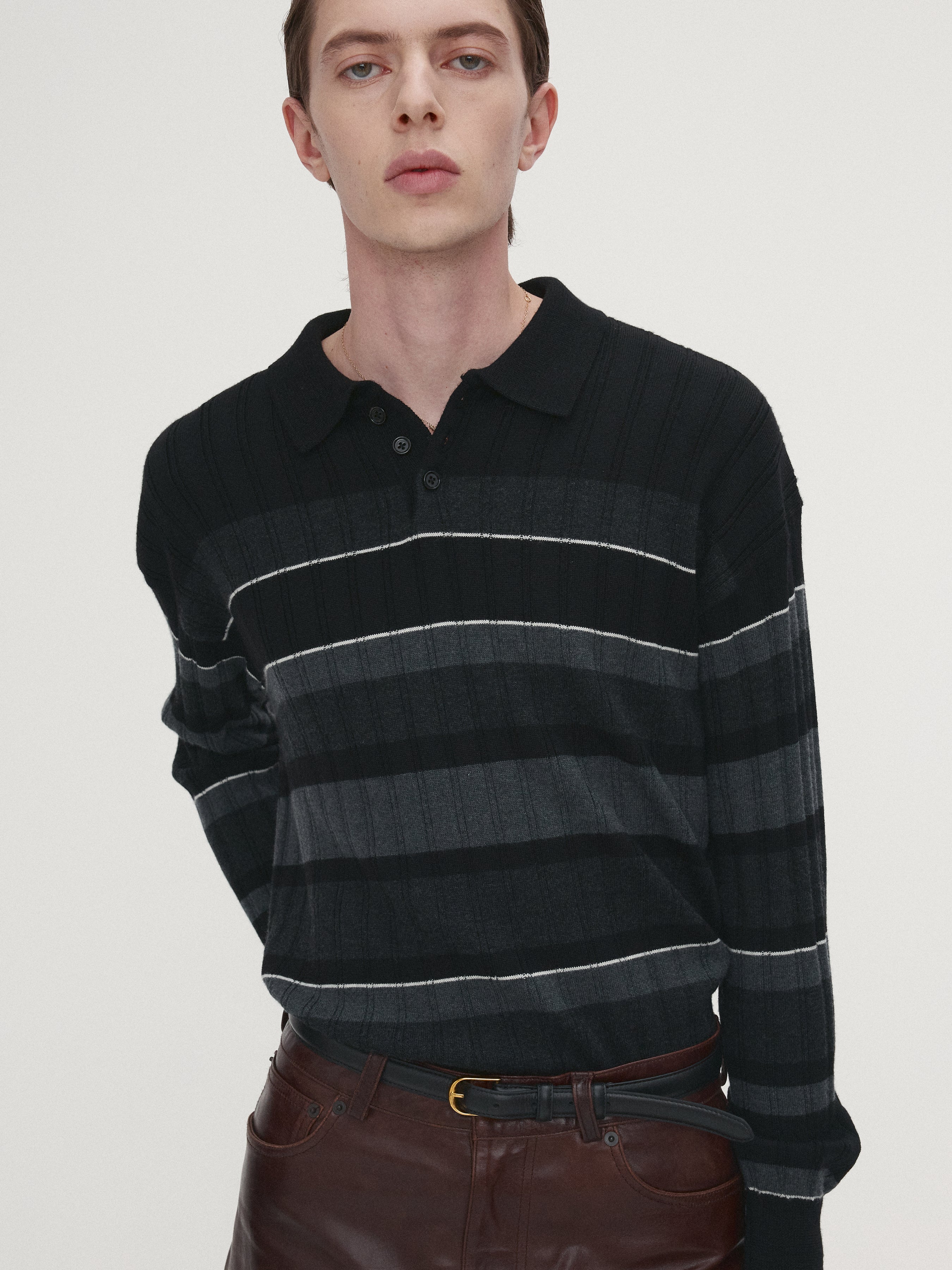 SUPER FINE WOOL RIBBED STRIPE POLO KNIT_ BLACK/GREY