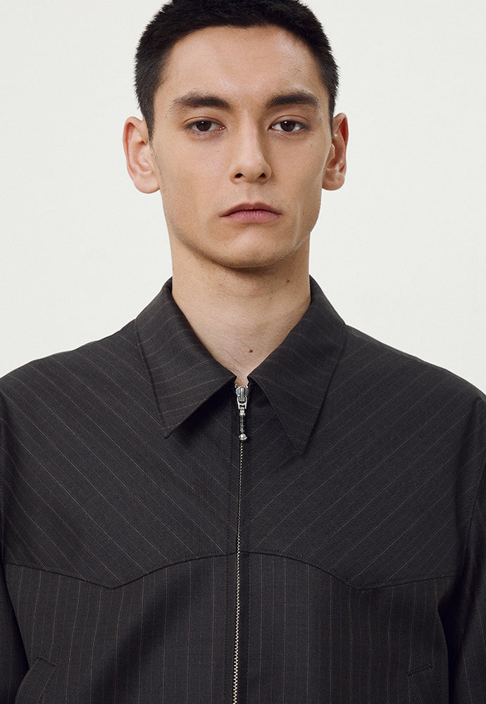 Worsted Wool Western Blouson Jacket_ Brown Stripe