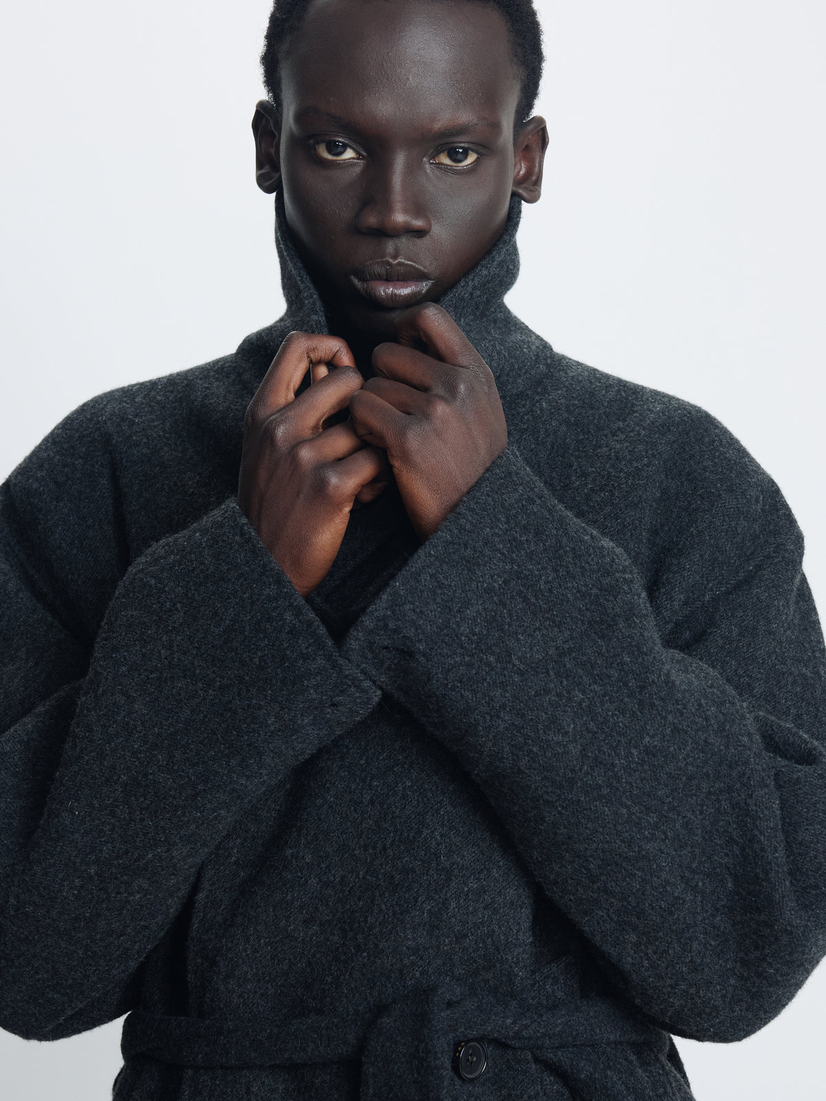 HAND-MADE WOOL BELTED DOUBLE COAT_ MELANGE CHARCOAL