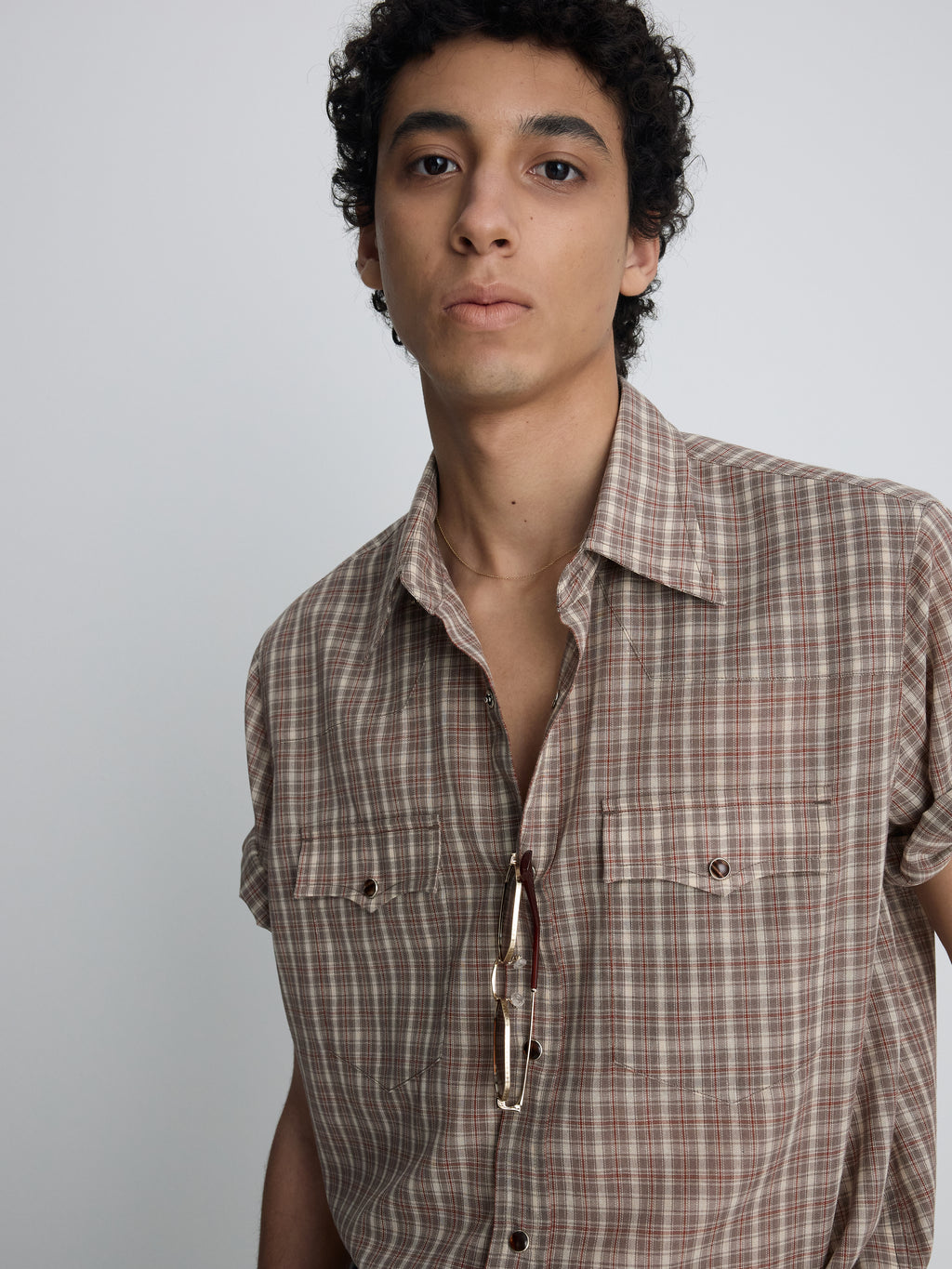 CHECKED COTTON BLEND WESTERN SHIRT_ TAUPE/AMBER