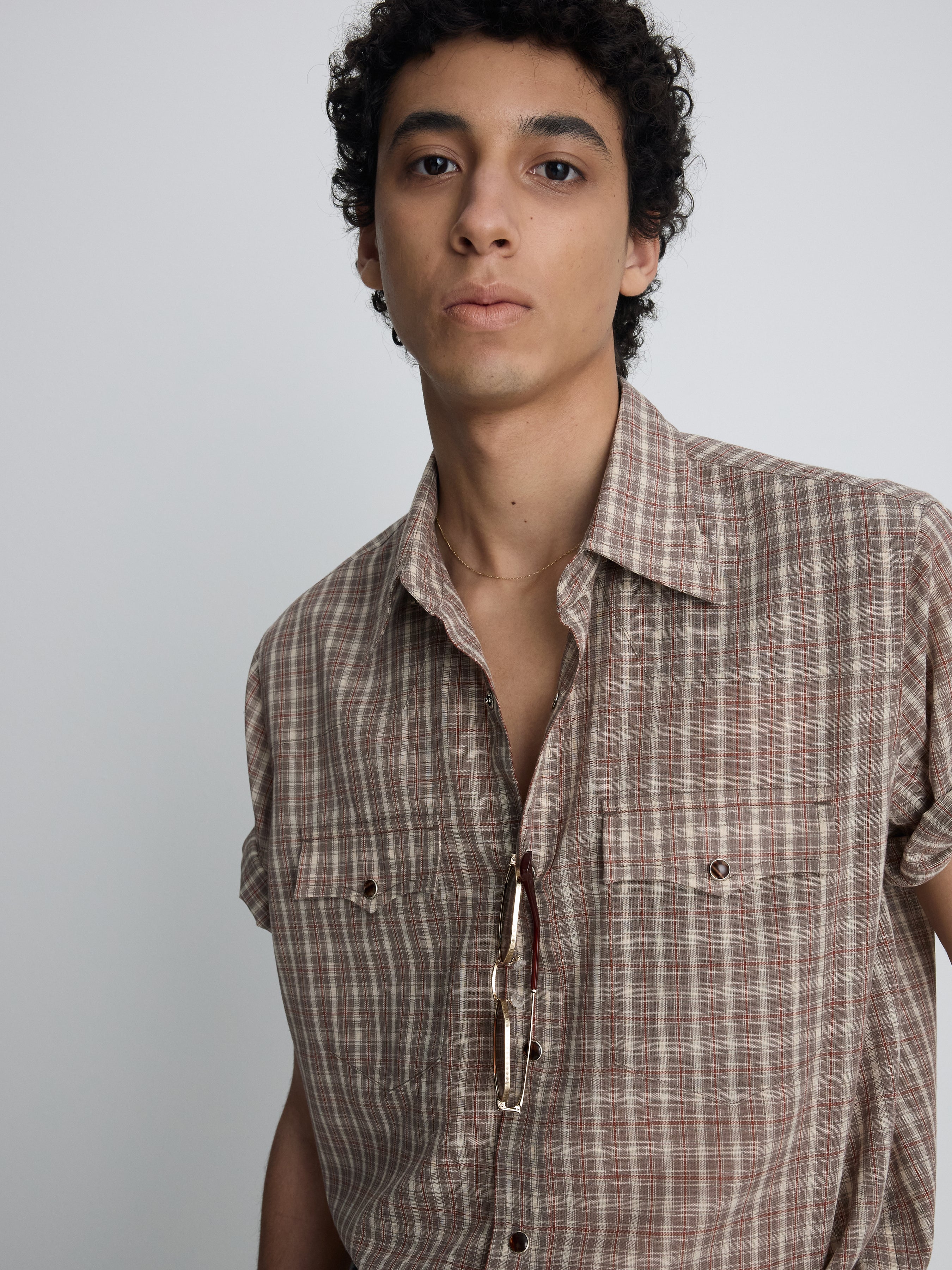 CHECKED COTTON BLEND WESTERN SHIRT_ TAUPE/AMBER