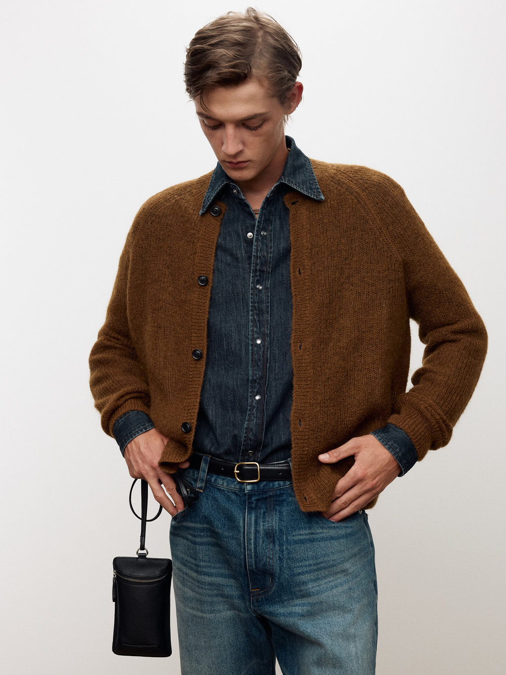 WOOL AND MOHAIR RIBBED MESH CARDIGAN_ CAMEL