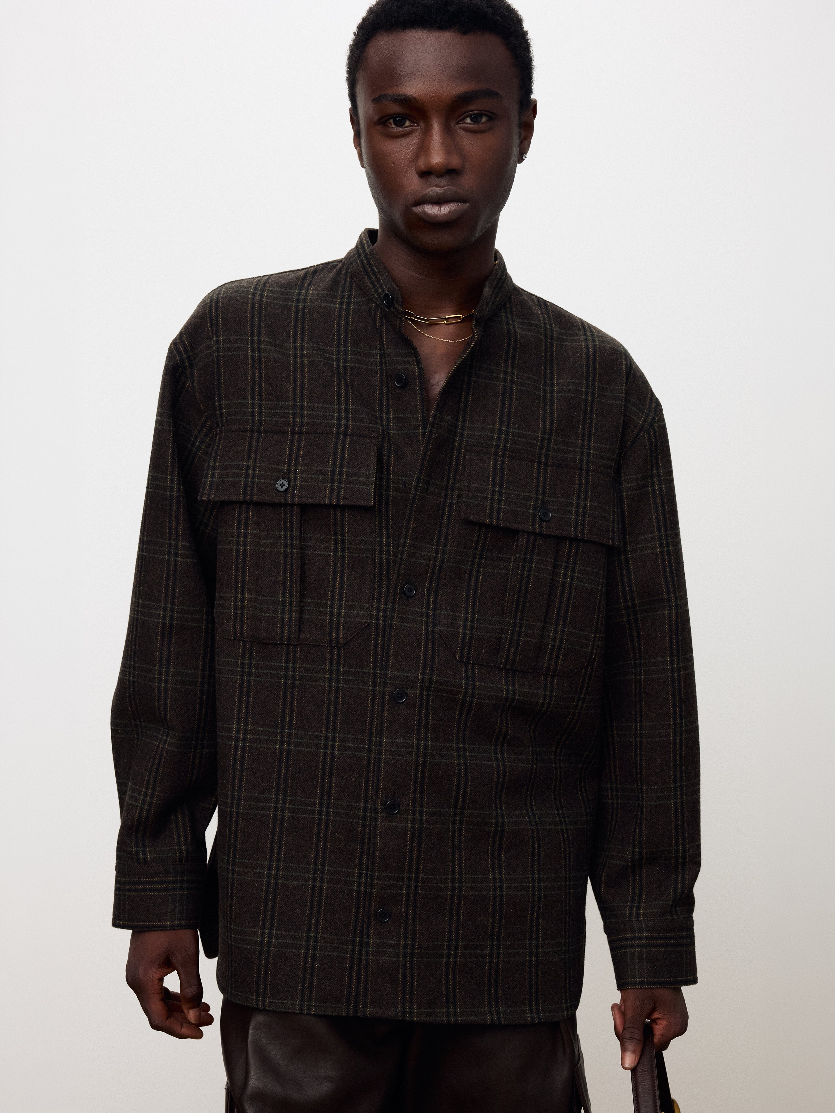 CHECKED WOOL OVERSIZED SHIRT_ DARK BROWN