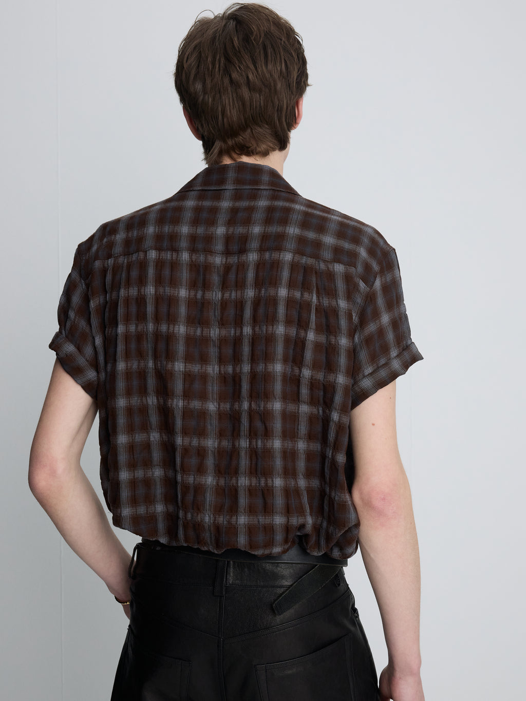 CHECKED COTTON PEARL SNAP SHIRT_ UMBER/SLATE BLUE