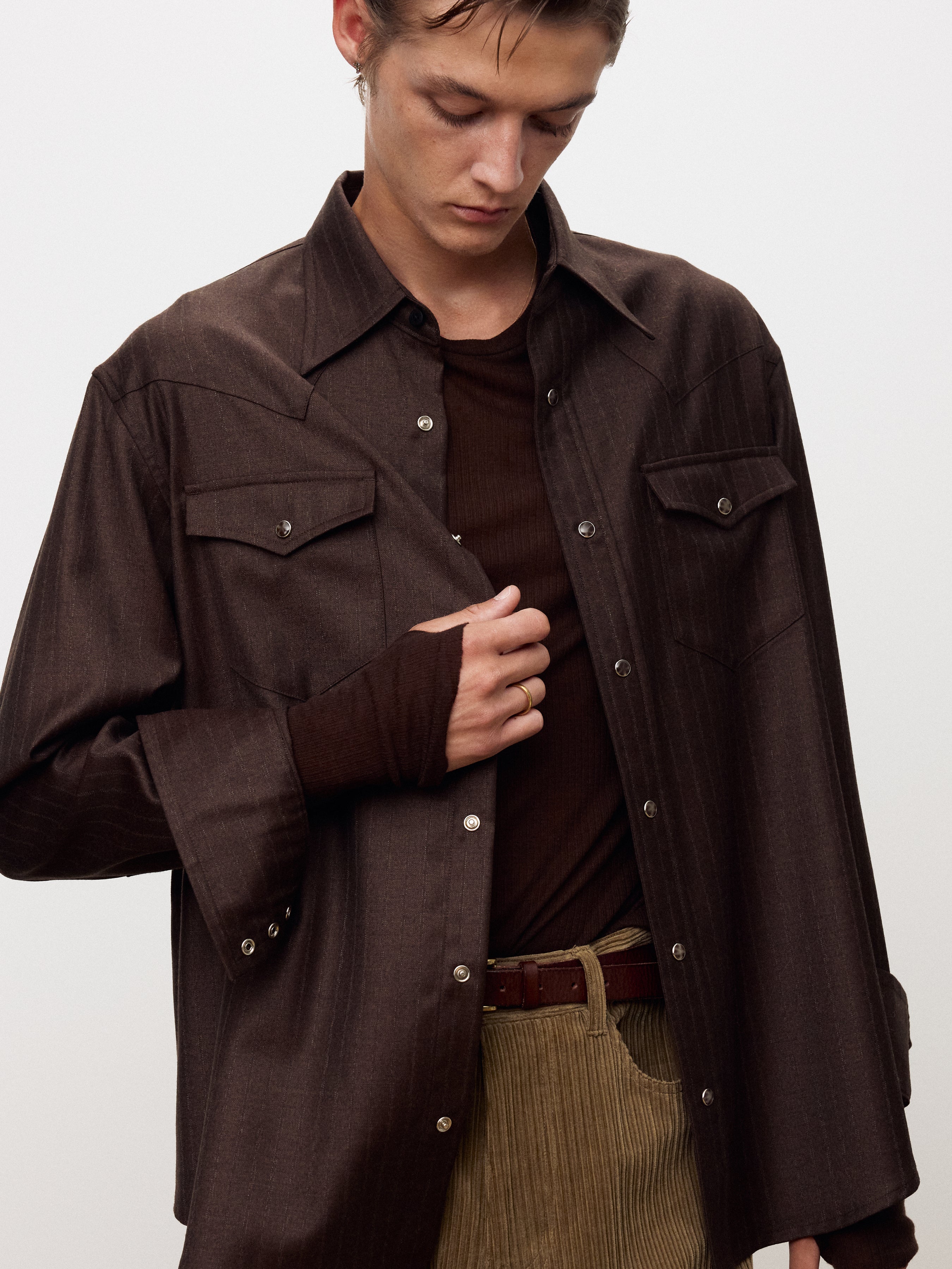 STRIPED WOOL WESTERN SHIRT_ SEPIA BROWN