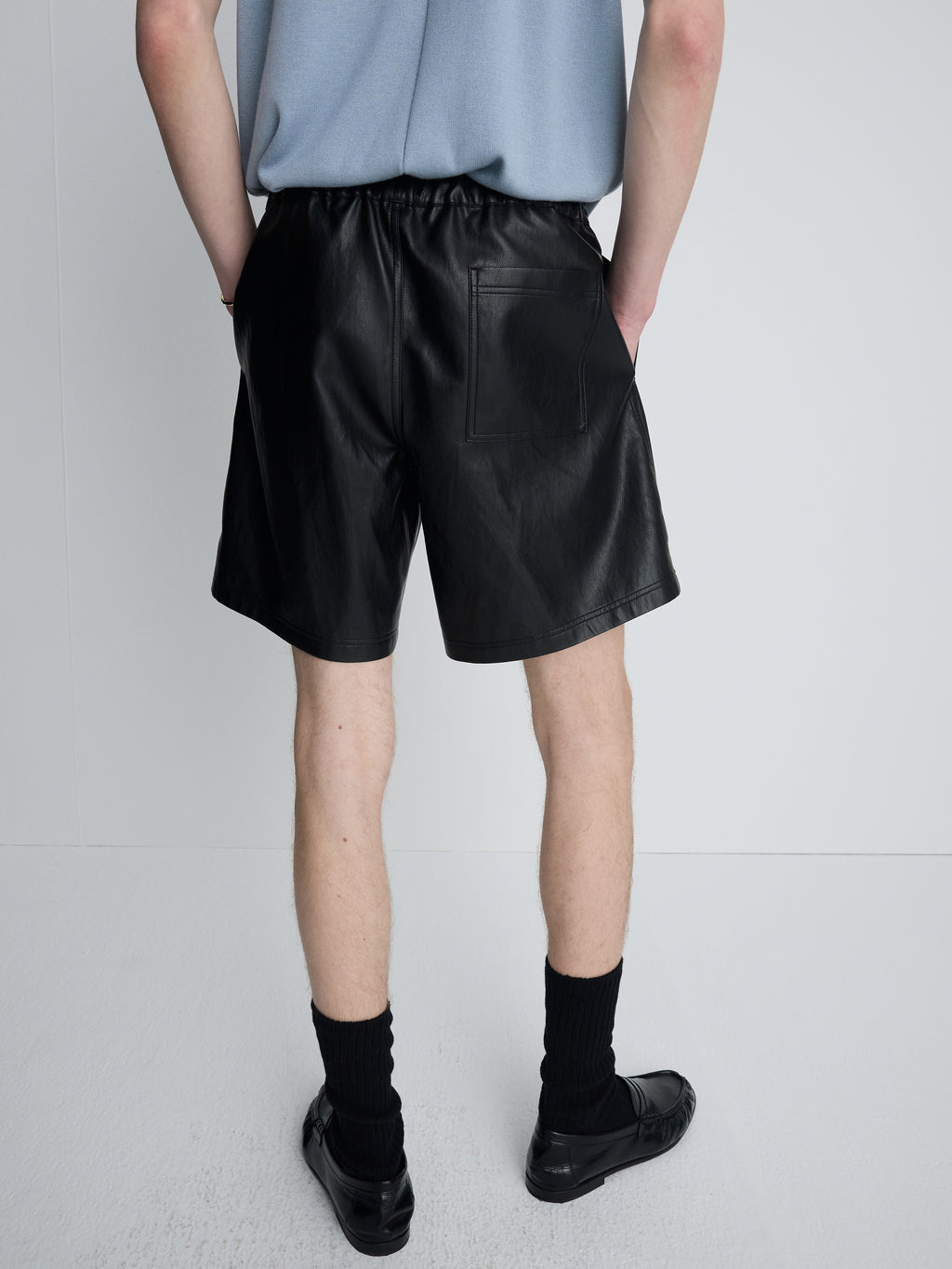 FAUX LEATHER LOUNGE SHORTS_  BLACK