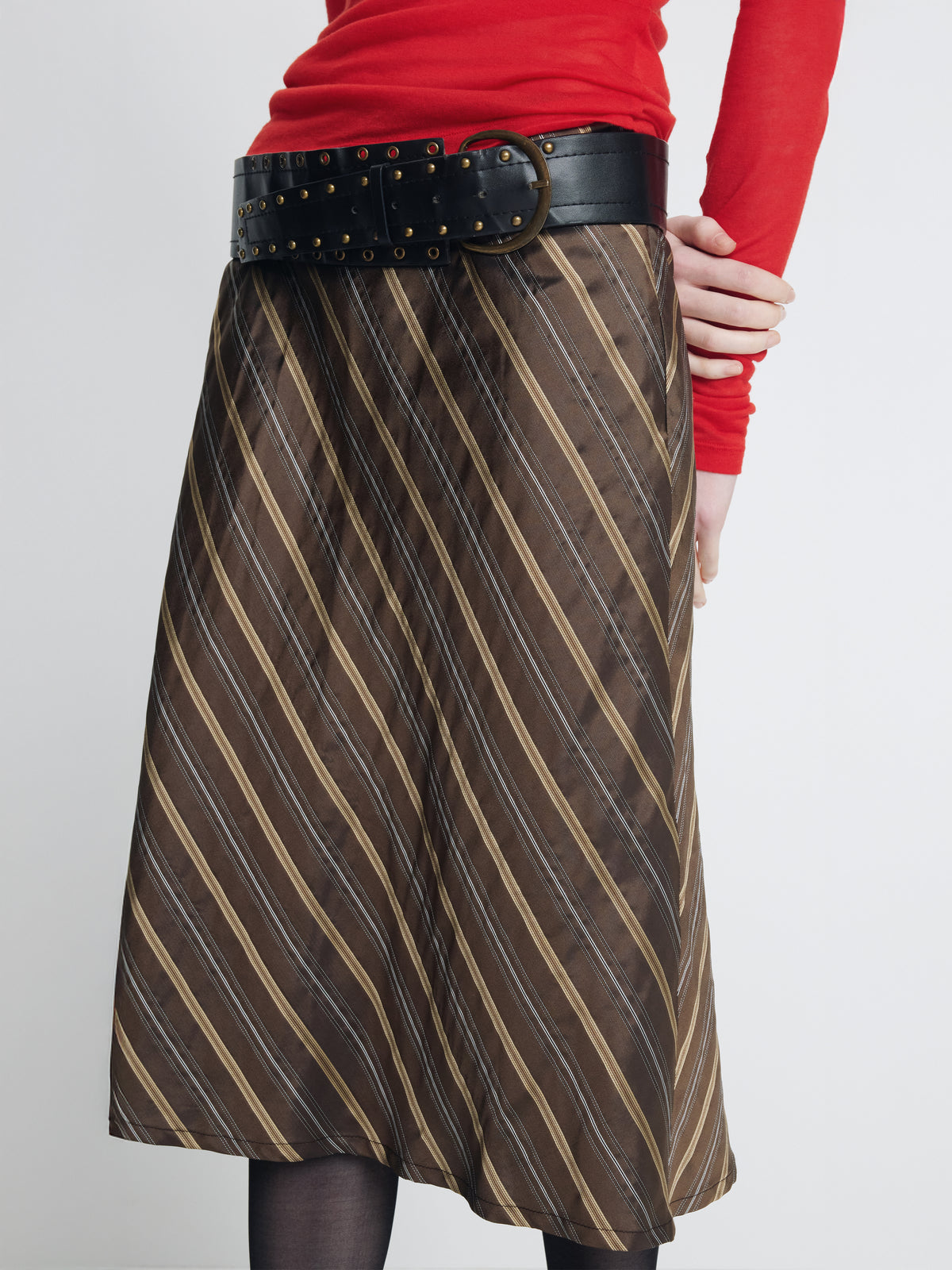 (W) SILK STRIPES MIDI-SKIRT_ BROWN STRIPE