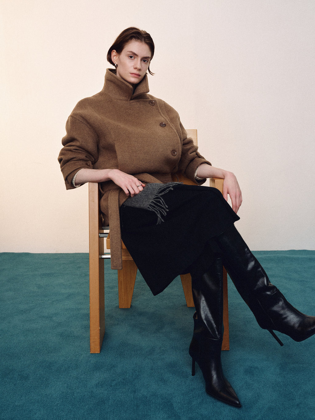 (W) WOOL ASYMMETRICAL SHORT COAT_ OLIVE BROWN
