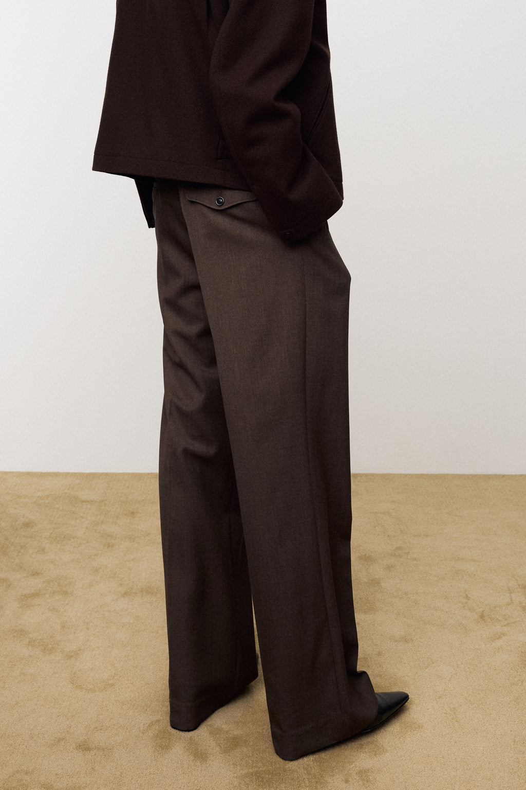 MELANGE WOOL WIDE-LEG PLEATED TROUSERS_ HAZELNUT