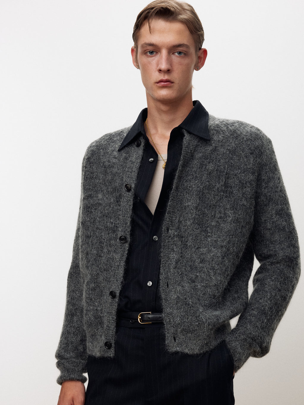 WOOL AND MOHAIR RIBBED MESH CARDIGAN_ MELANGE GREY