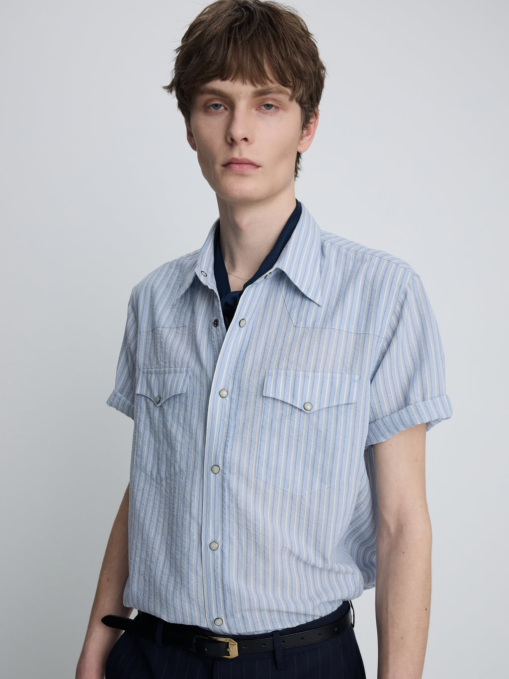 STRIPED COTTON BLEND WESTERN SHIRT_ SKY BLUE