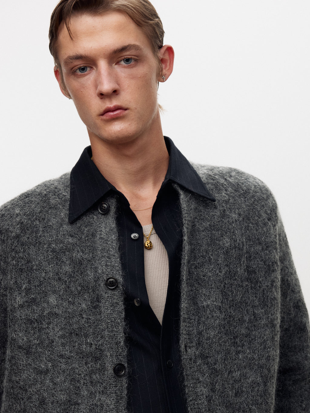 WOOL AND MOHAIR RIBBED MESH CARDIGAN_ MELANGE GREY