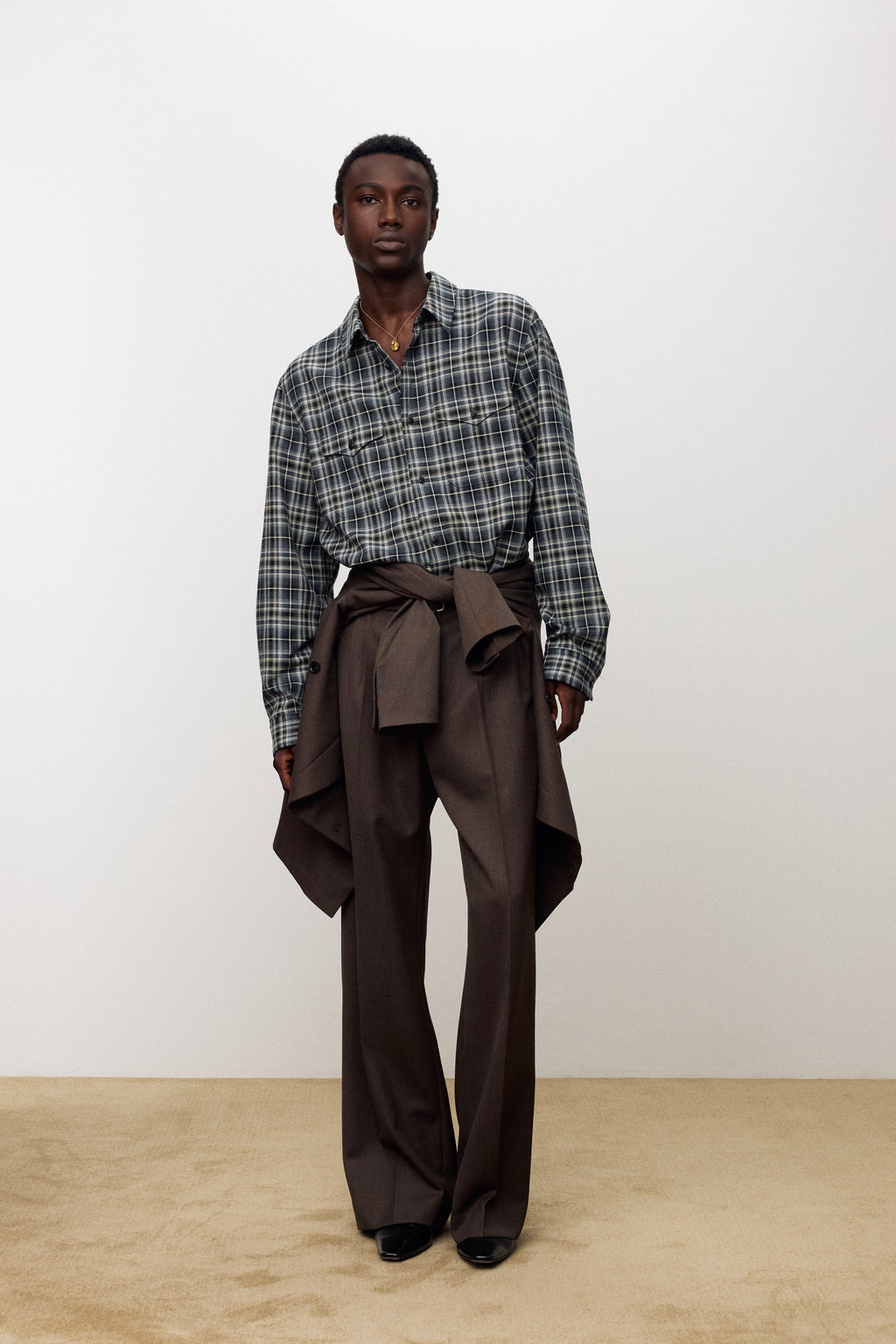 MELANGE WOOL WIDE-LEG PLEATED TROUSERS_ HAZELNUT