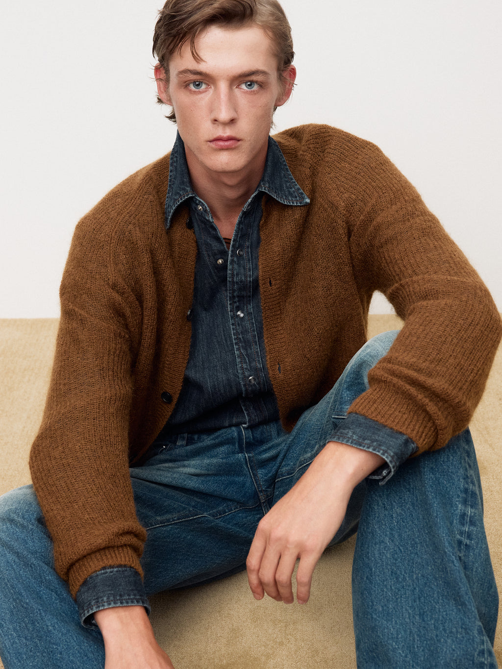 WOOL AND MOHAIR RIBBED MESH CARDIGAN_ CAMEL