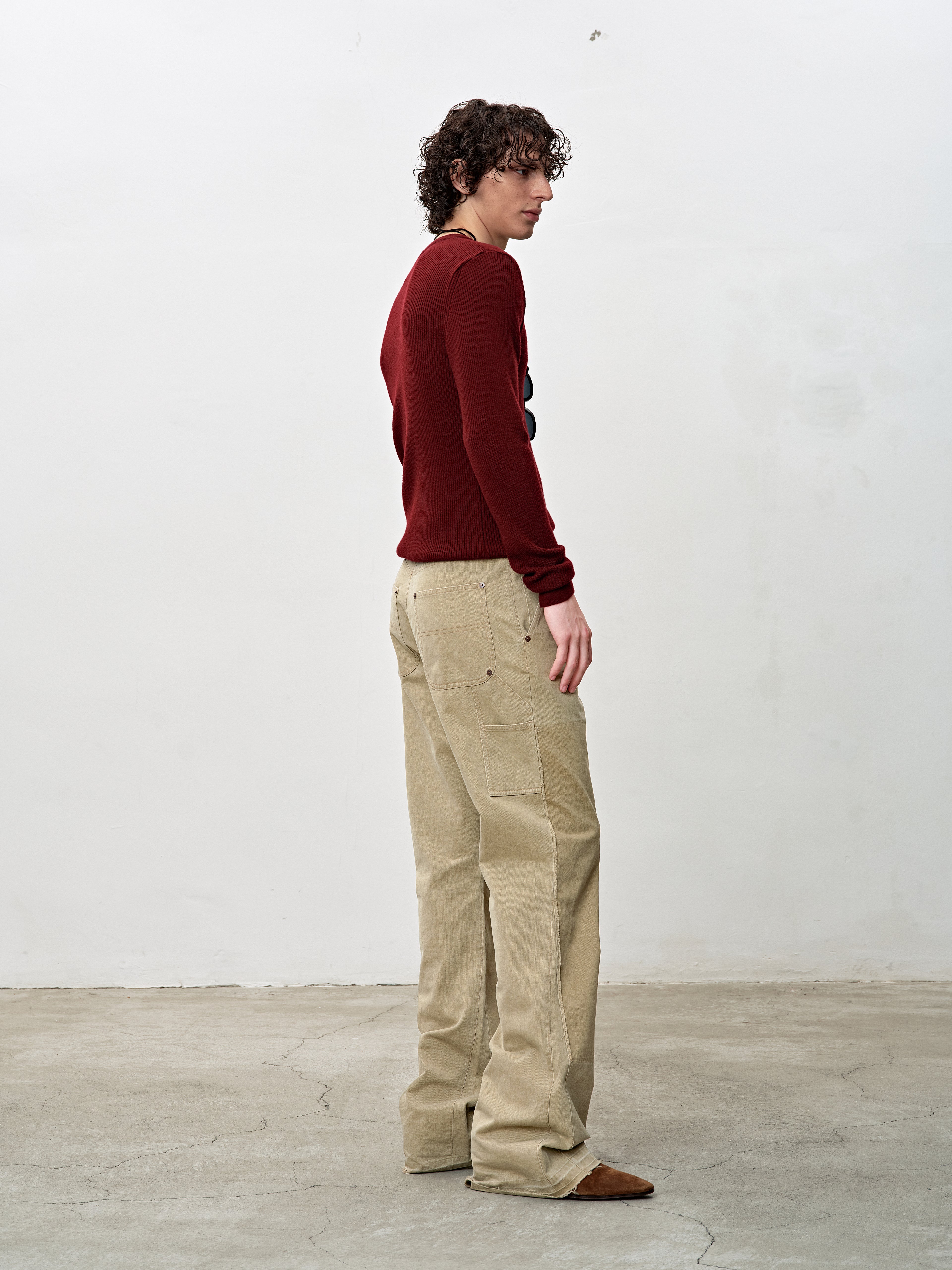 VINTAGE EFFECT FLARED CARPENTER PANTS_ FADED BEIGE