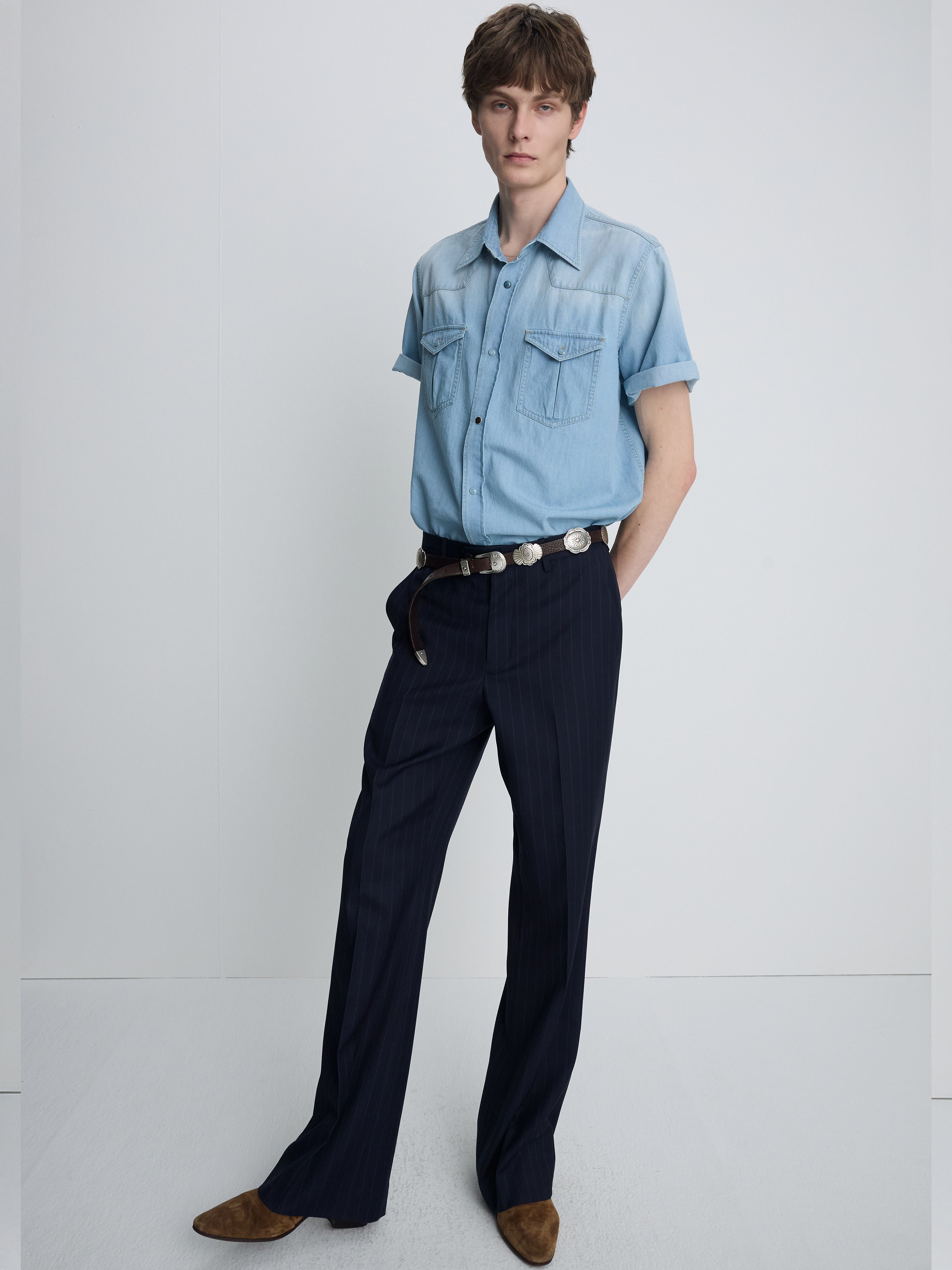 TROPICAL WOOL FLARED TROUSERS_ NAVY STRIPE
