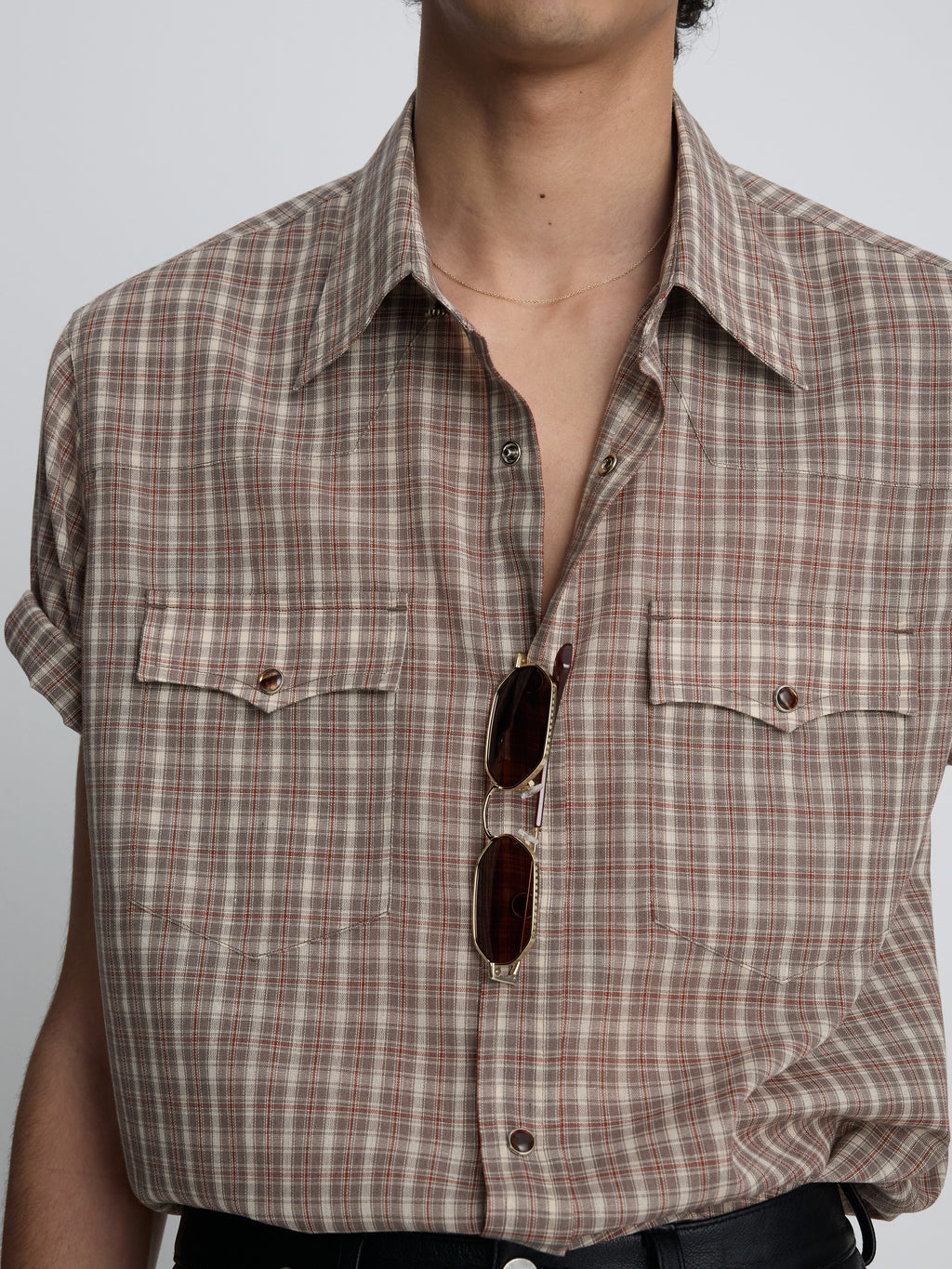 CHECKED COTTON BLEND WESTERN SHIRT_ TAUPE/AMBER