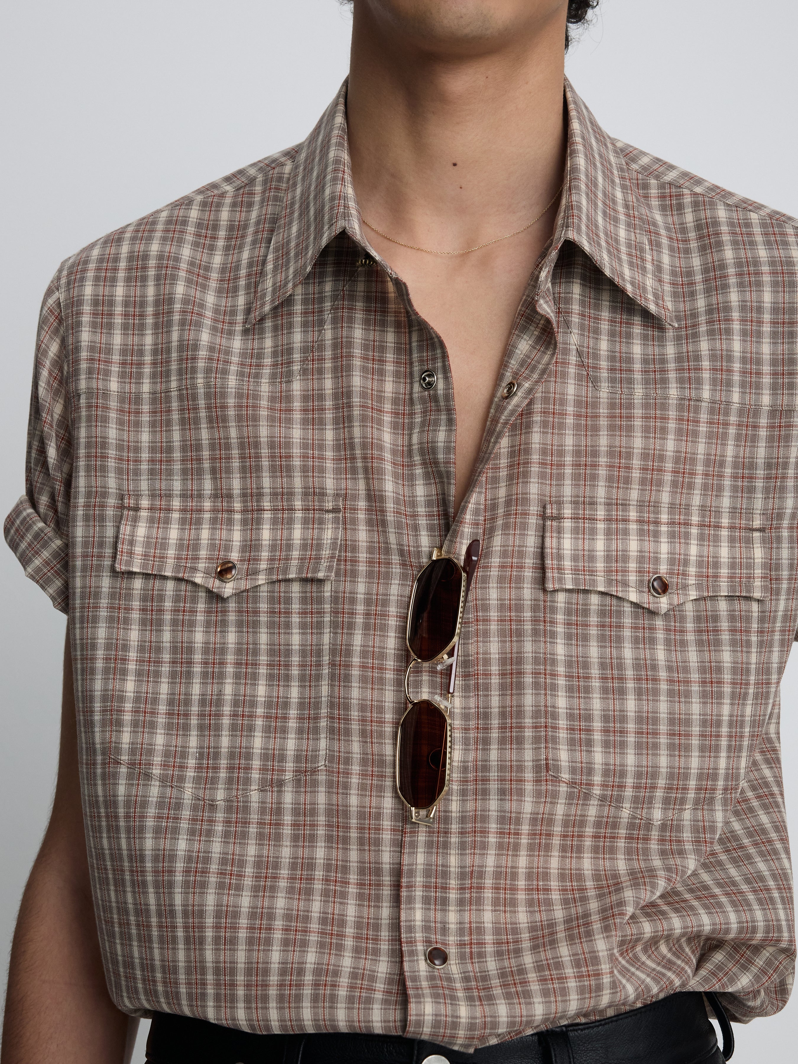 CHECKED COTTON BLEND WESTERN SHIRT_ TAUPE/AMBER