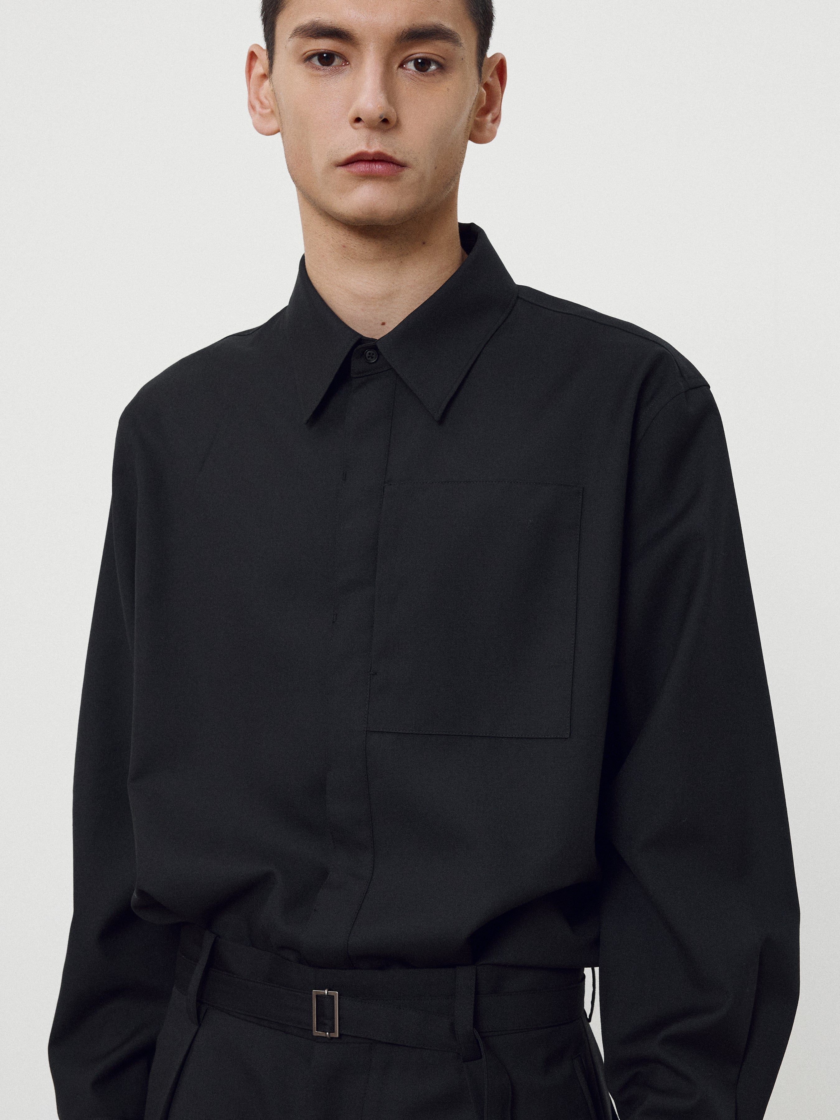 Wool Twill Hidden Pocket Shirt_ Black