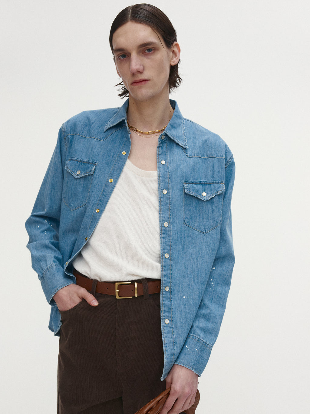 WASHED DENIM HAND-PAINTED WESTERN SHIRT_ WASHED BLUE