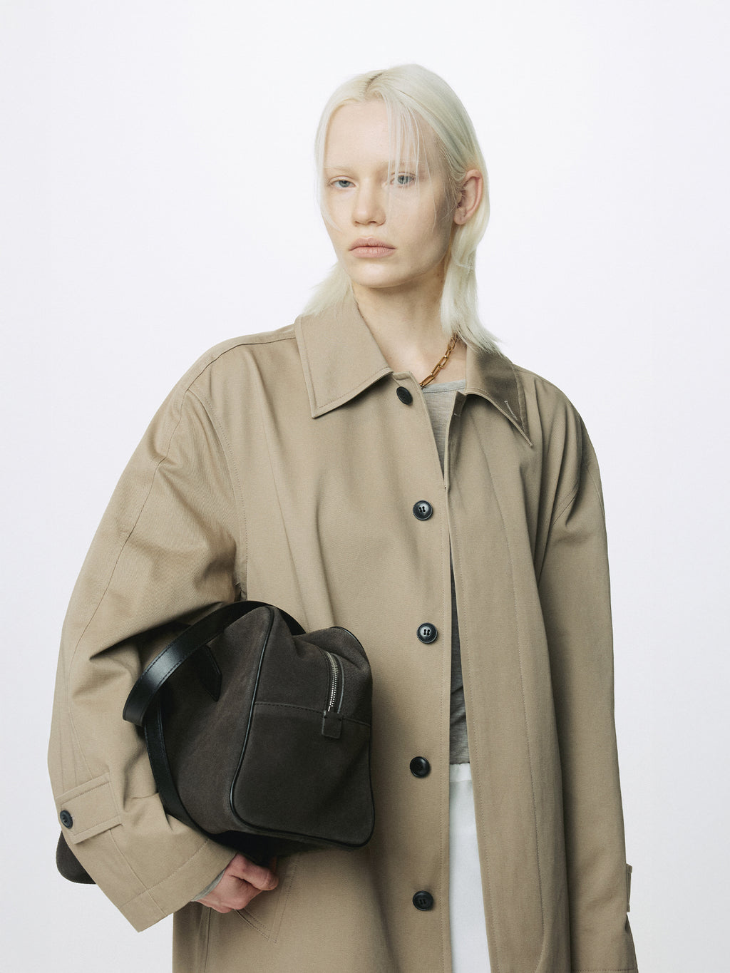 (W)  LEATHER TRIM SUEDE SQUARE VALISE BAG_ DARK PECAN