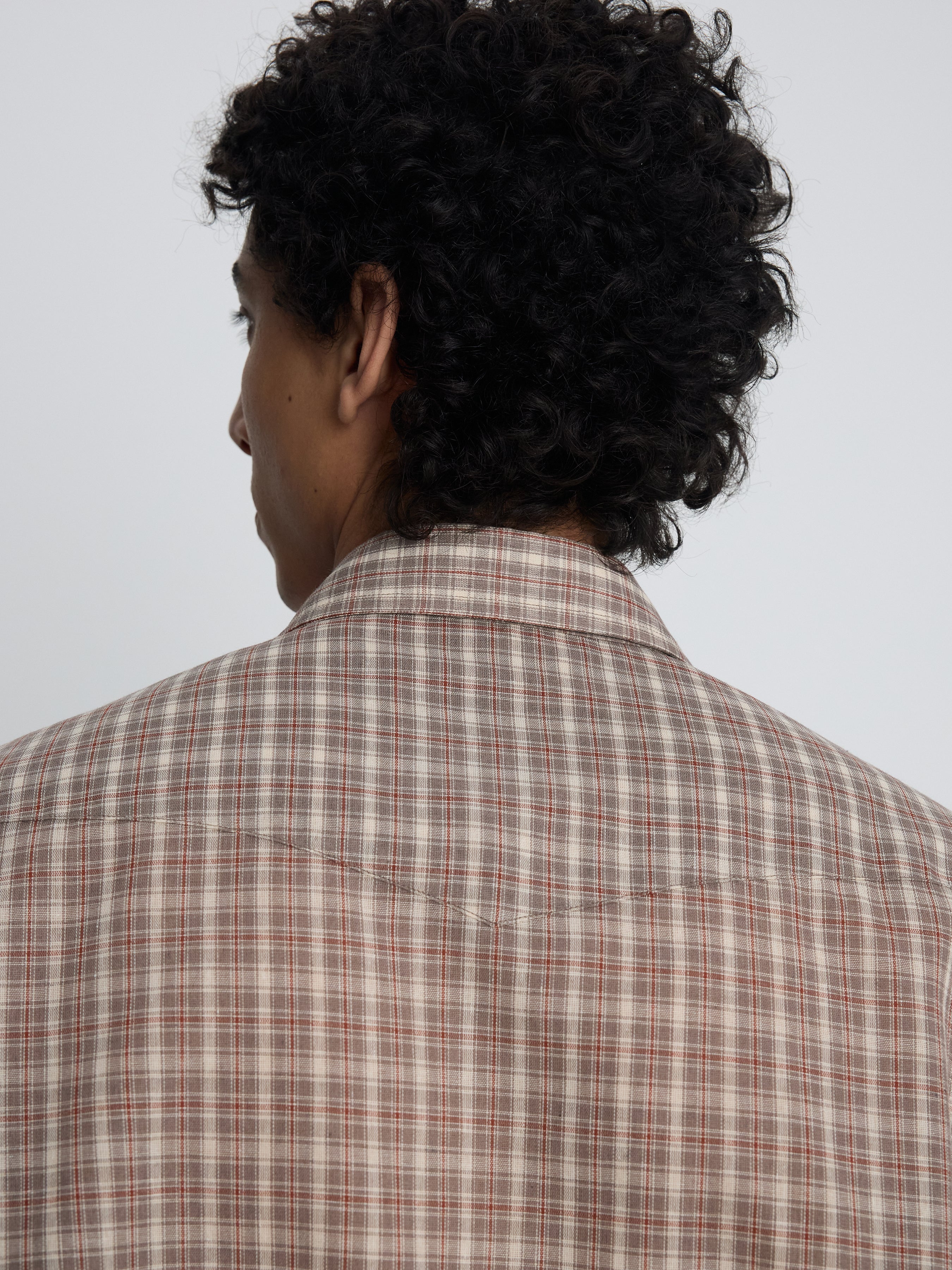 CHECKED COTTON BLEND WESTERN SHIRT_ TAUPE/AMBER