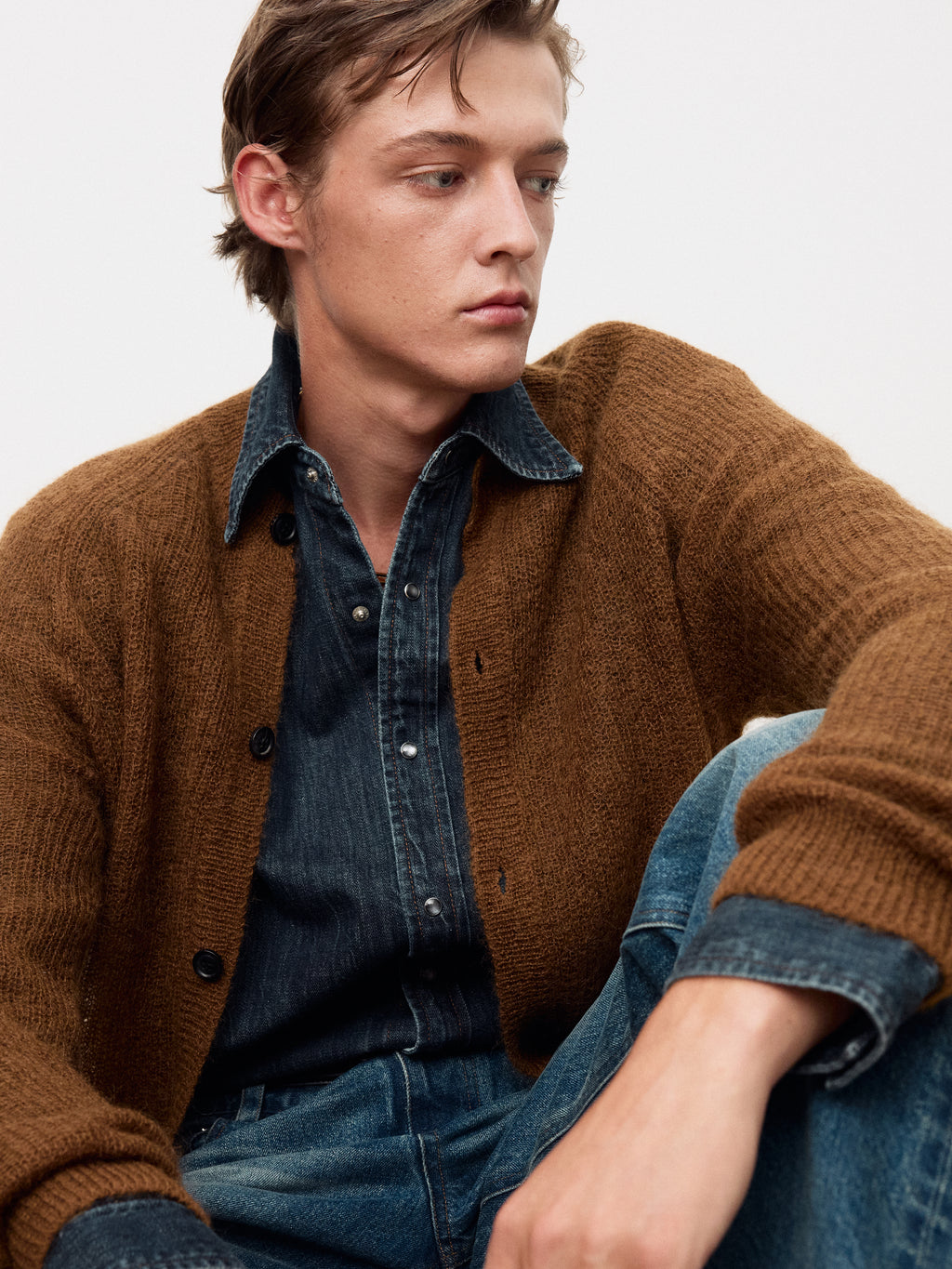 WOOL AND MOHAIR RIBBED MESH CARDIGAN_ CAMEL