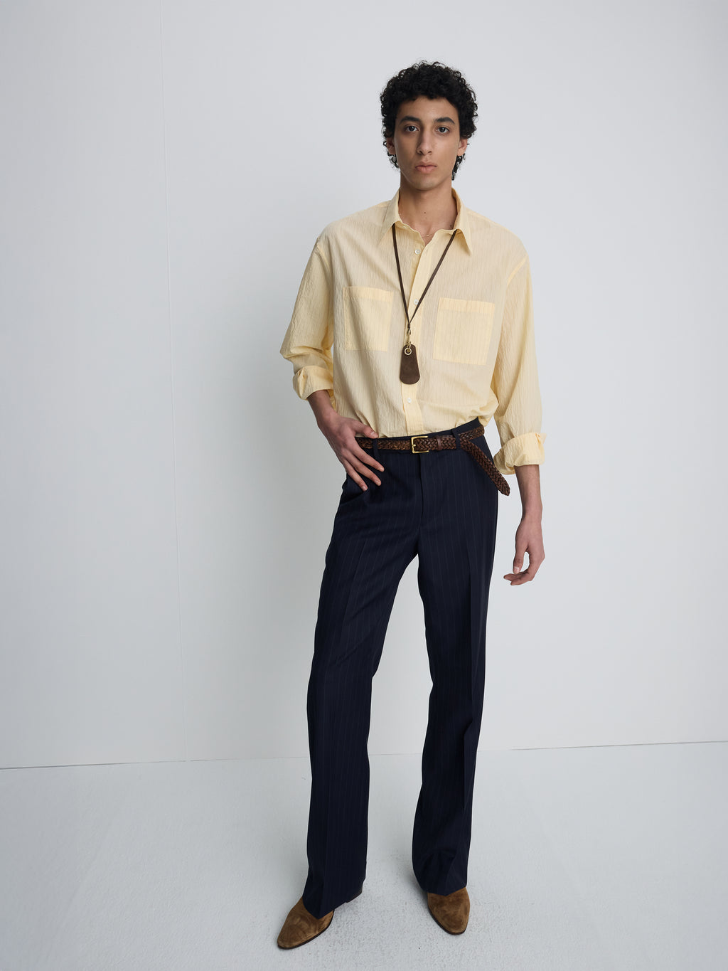 PINSTRIPED COTTON BLEND SHIRT_ PALE YELLOW
