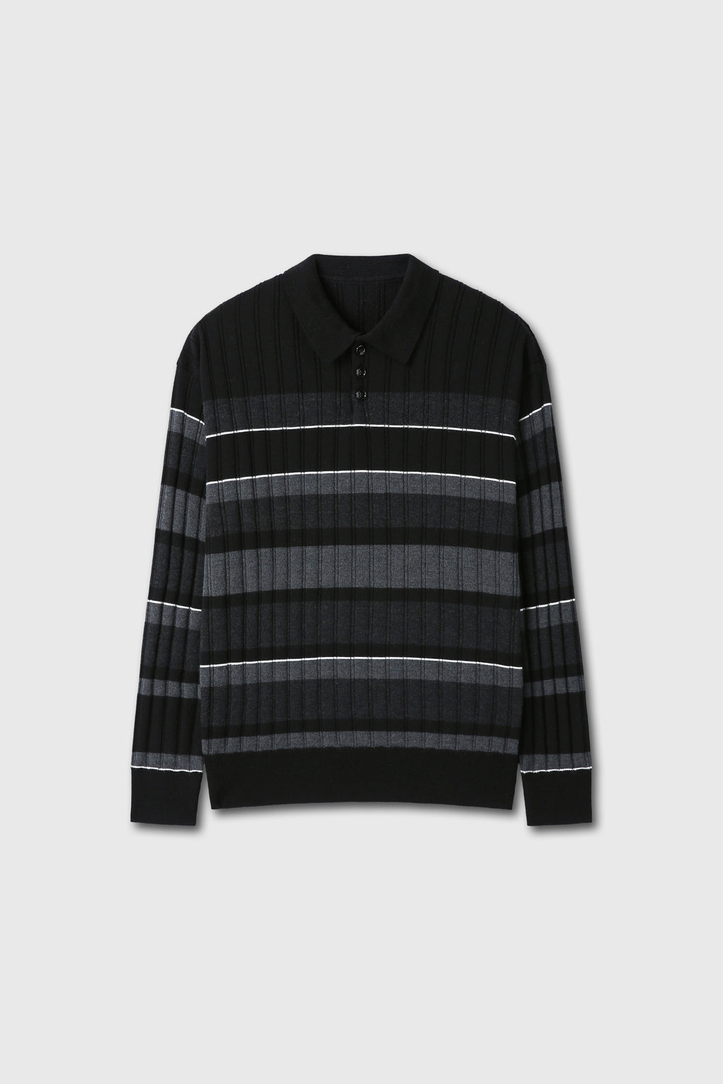 SUPER FINE WOOL RIBBED STRIPE POLO KNIT_ BLACK/GREY