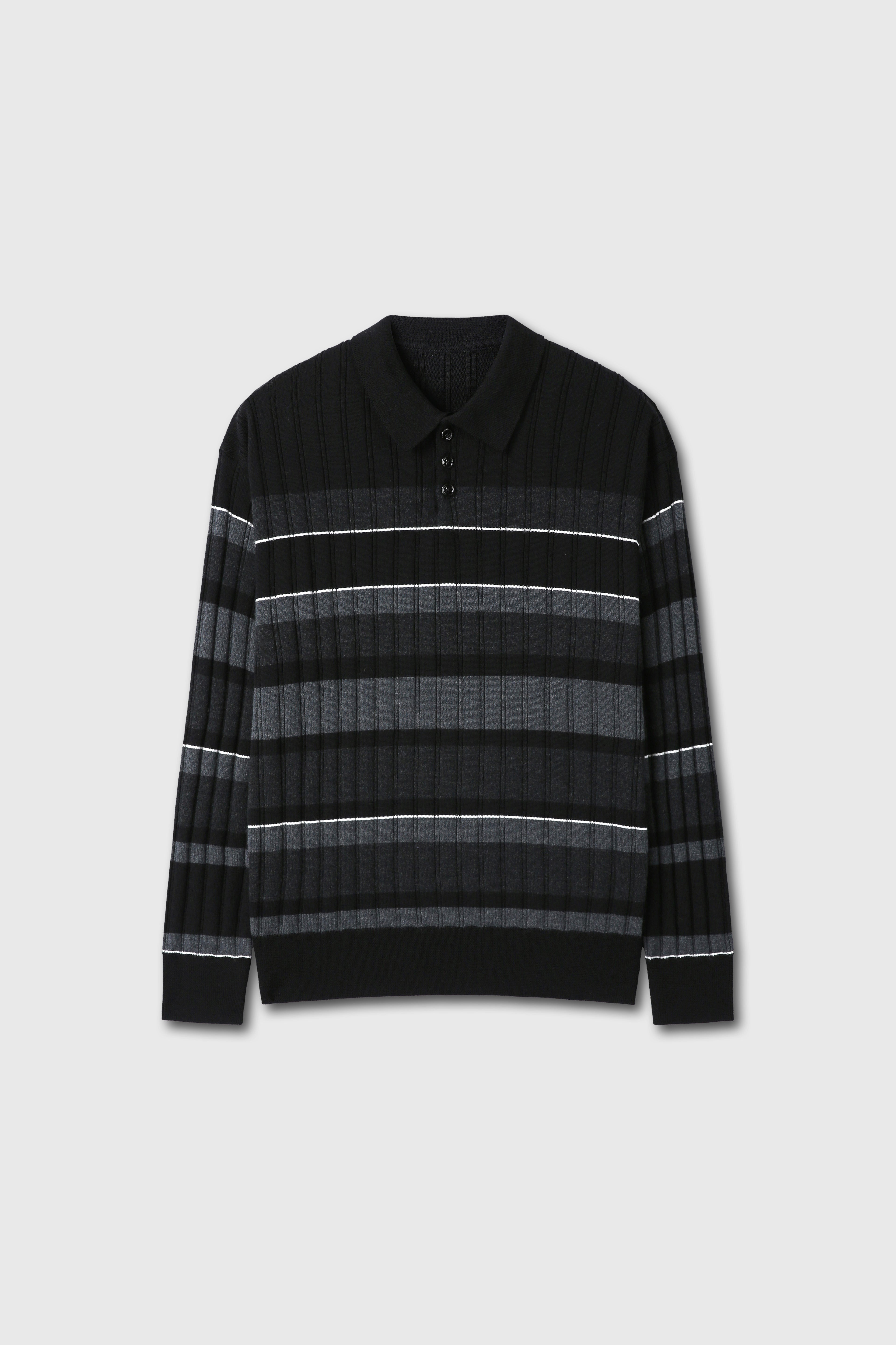 SUPER FINE WOOL RIBBED STRIPE POLO KNIT_ BLACK/GREY