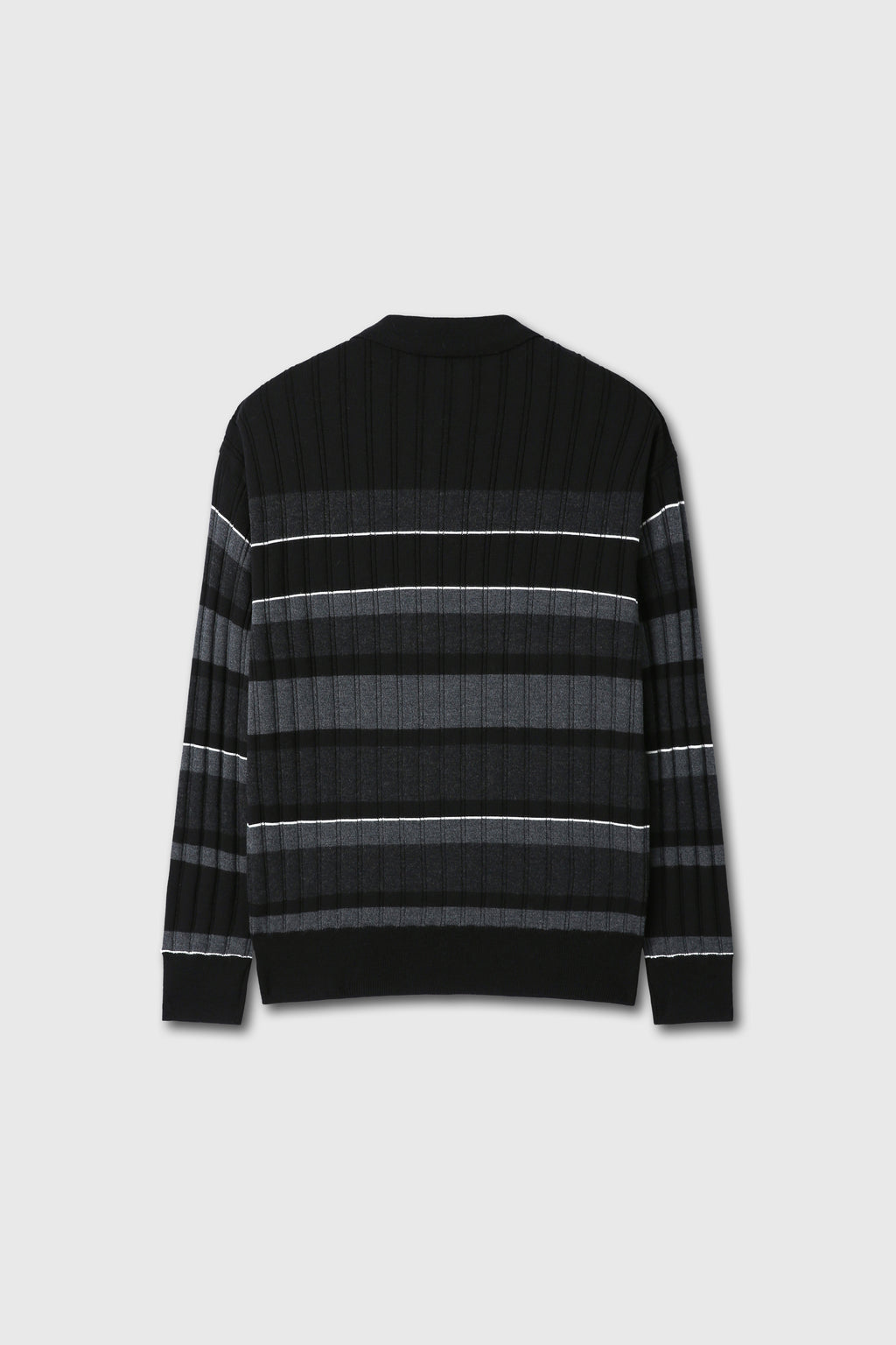 SUPER FINE WOOL RIBBED STRIPE POLO KNIT_ BLACK/GREY