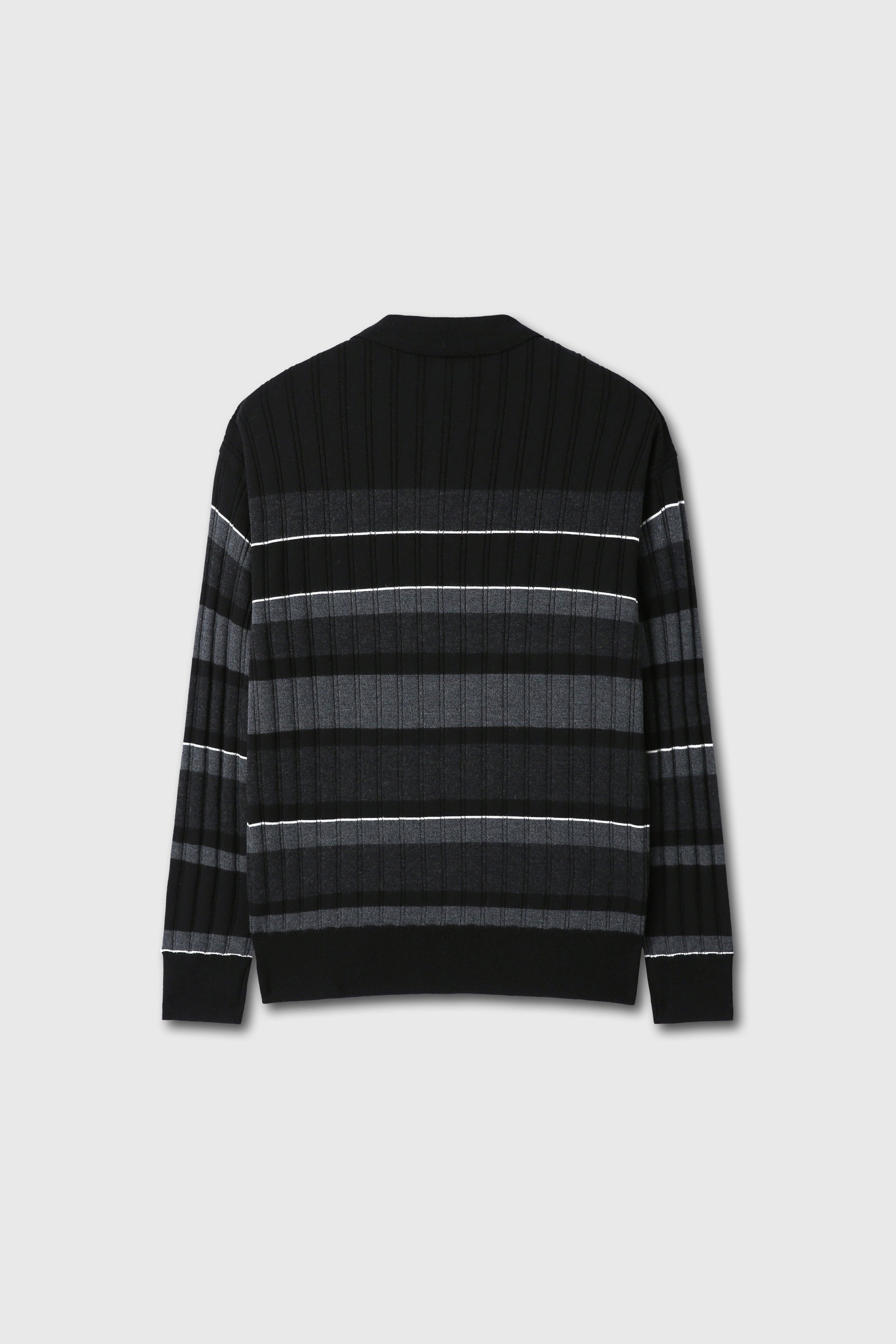 SUPER FINE WOOL RIBBED STRIPE POLO KNIT_ BLACK/GREY