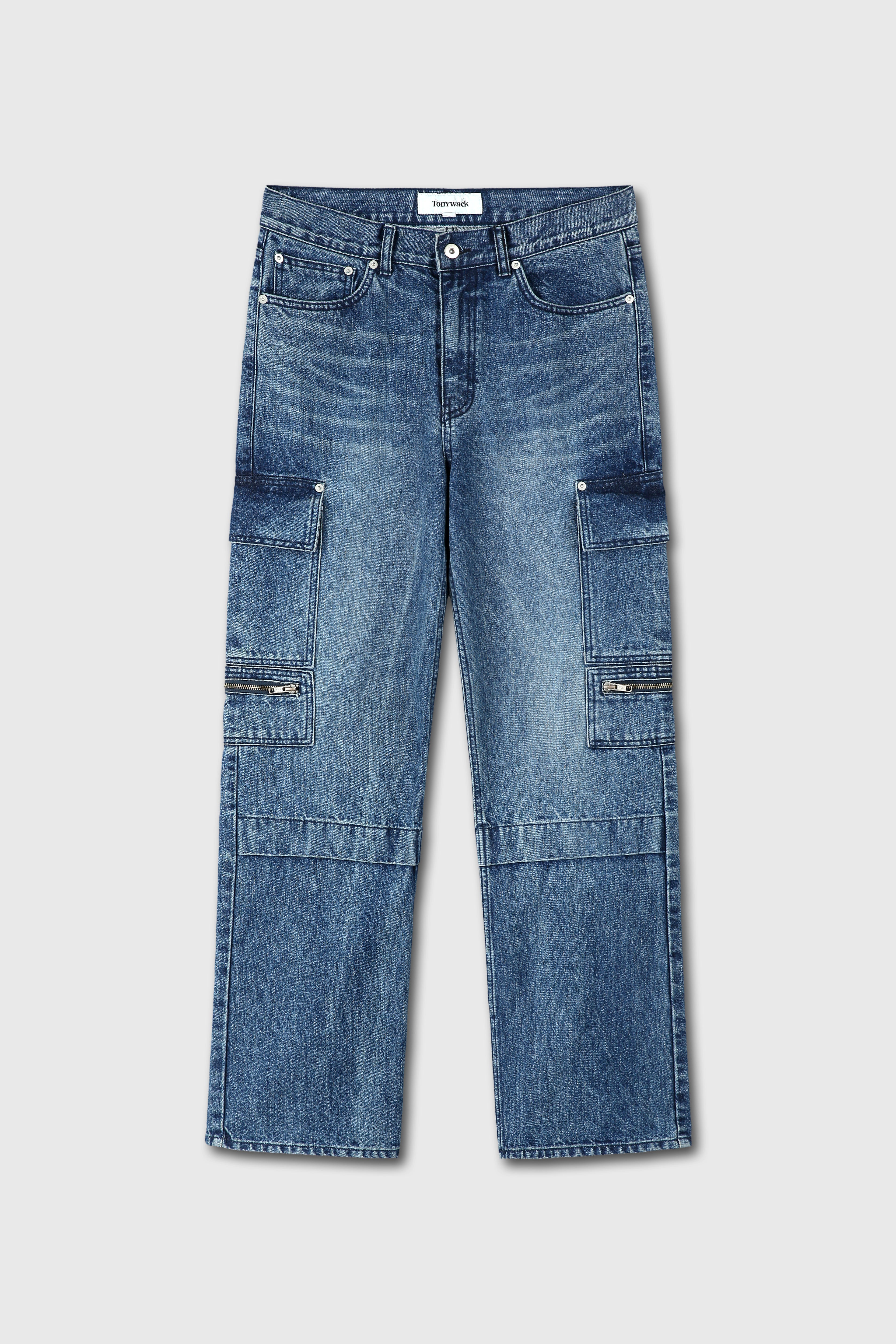 Relaxed Cut Denim Cargo Jeans_ Faded Mid Blue