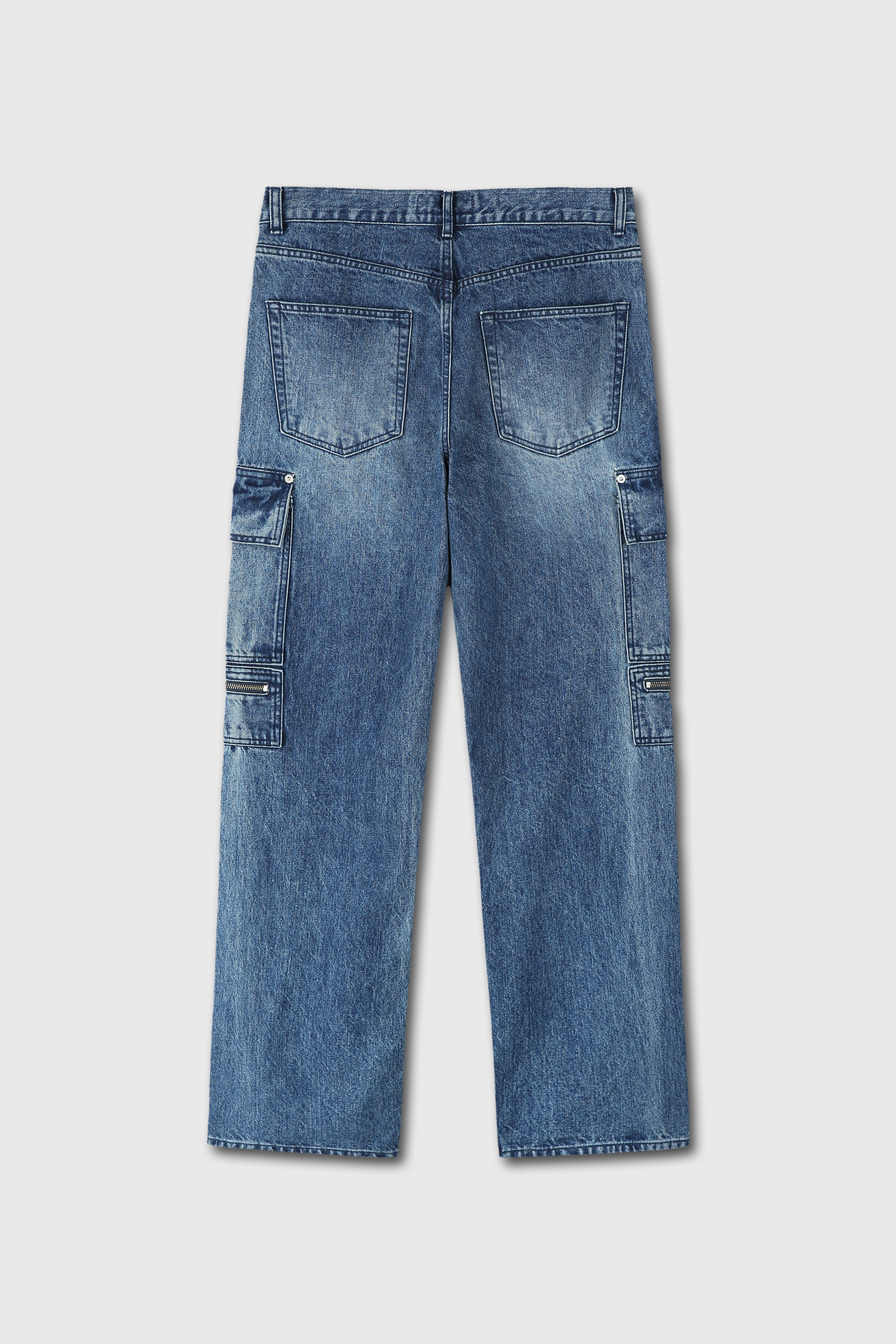Relaxed Cut Denim Cargo Jeans_ Faded Mid Blue