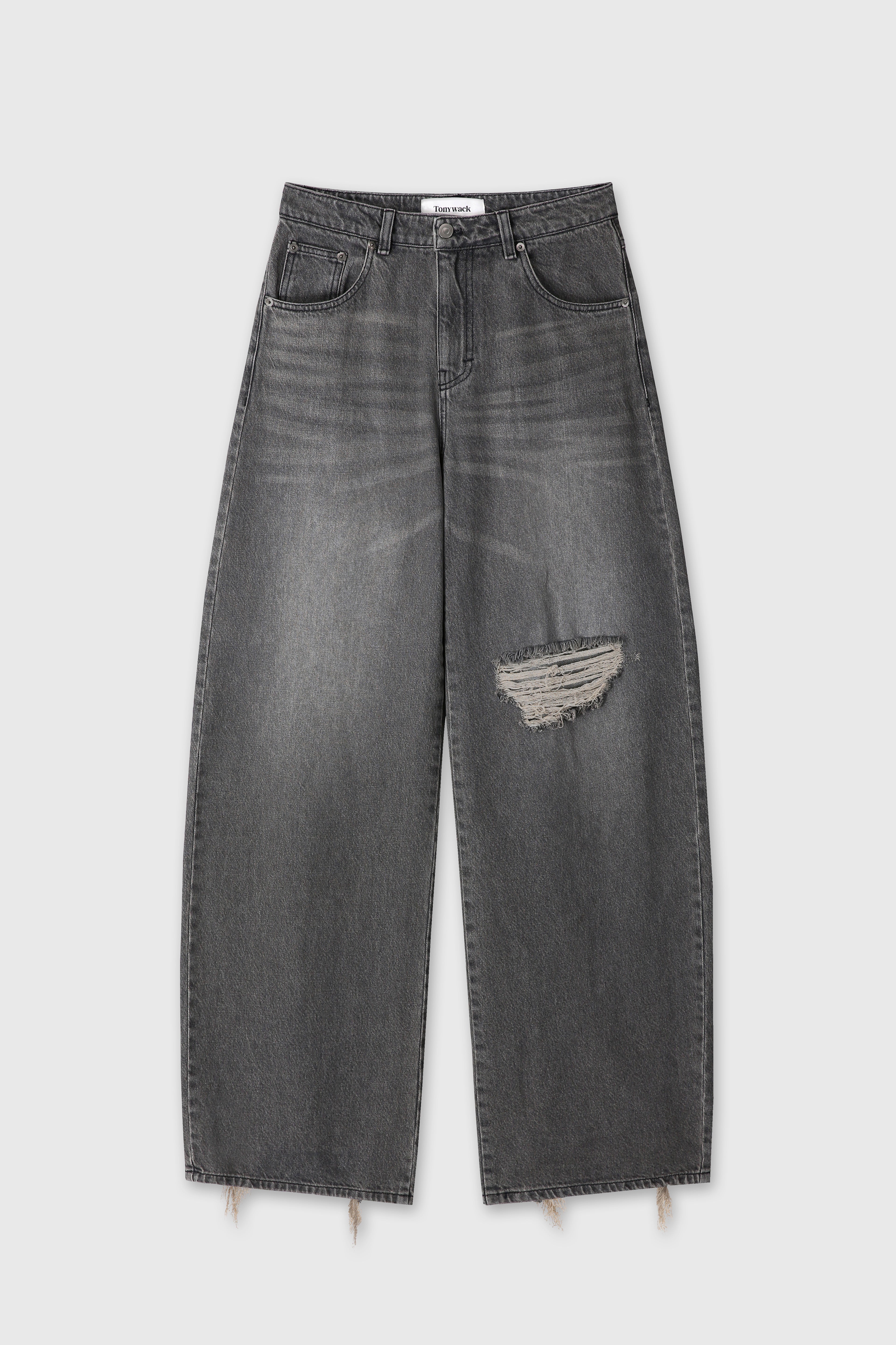 (W) DISTRESSED WIDE-LEG DENIM JEANS_ WASHED BLACK