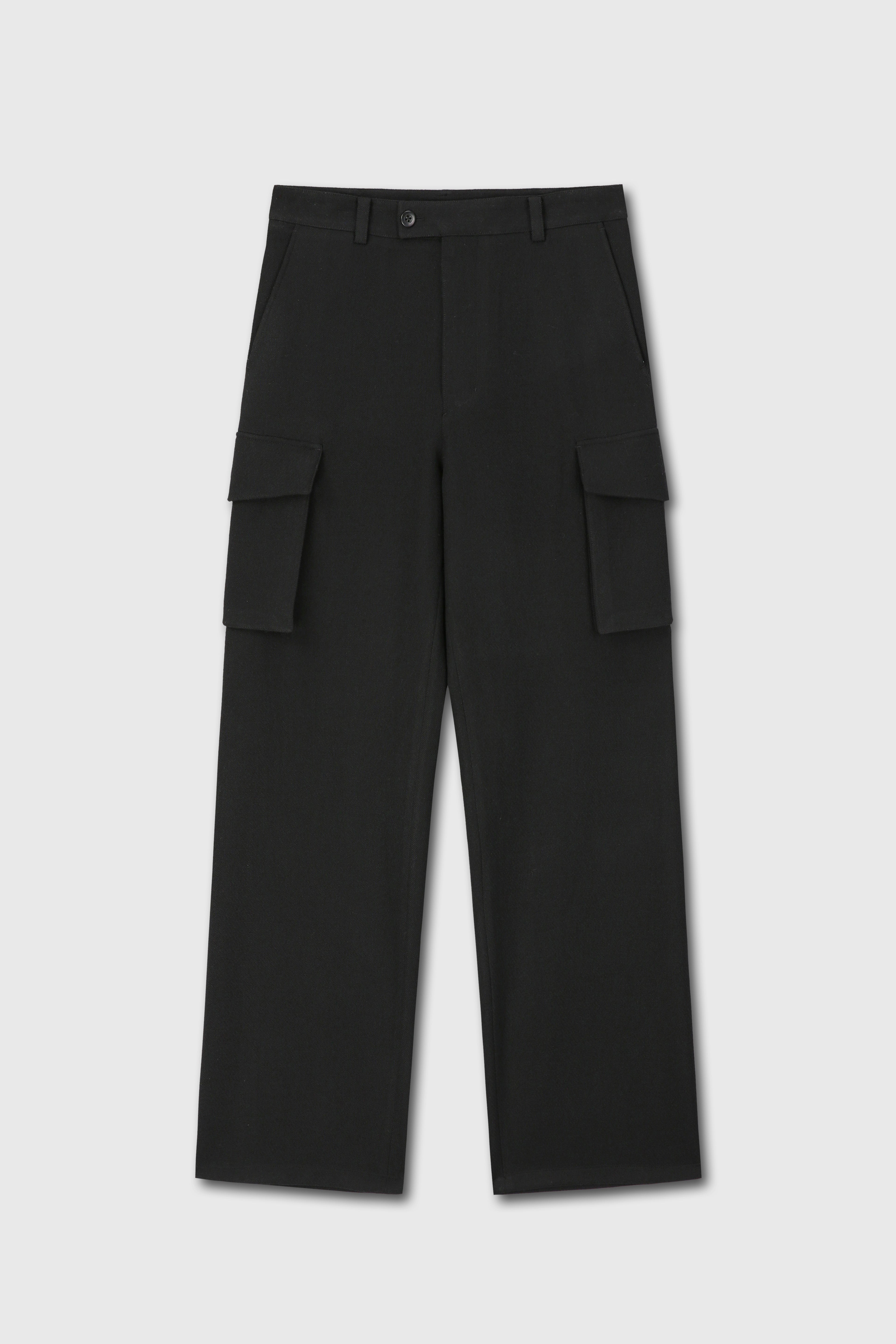 TEXTURED WOOL WIDE CARGO PANTS_ BLACK