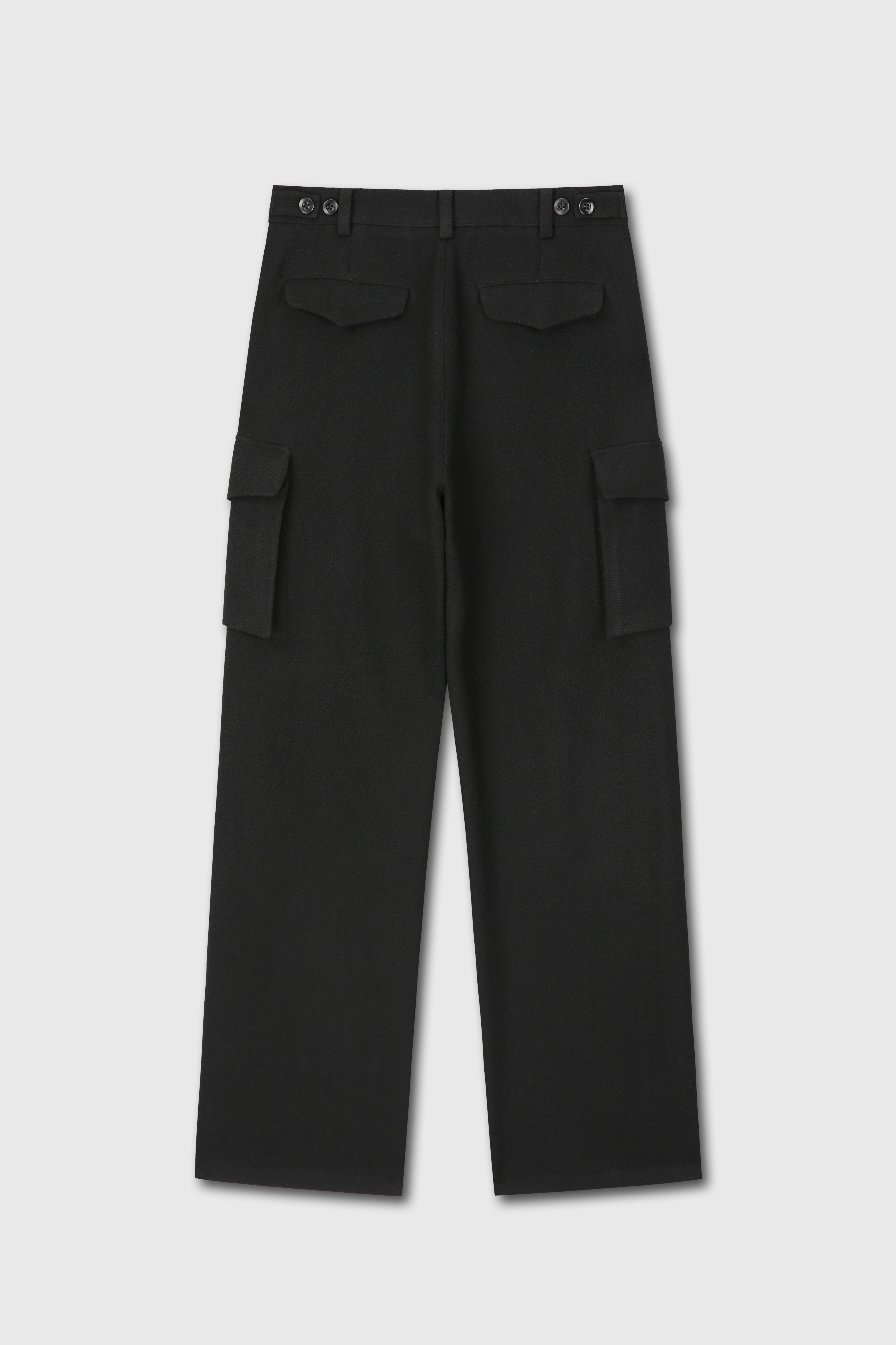 TEXTURED WOOL WIDE CARGO PANTS_ BLACK