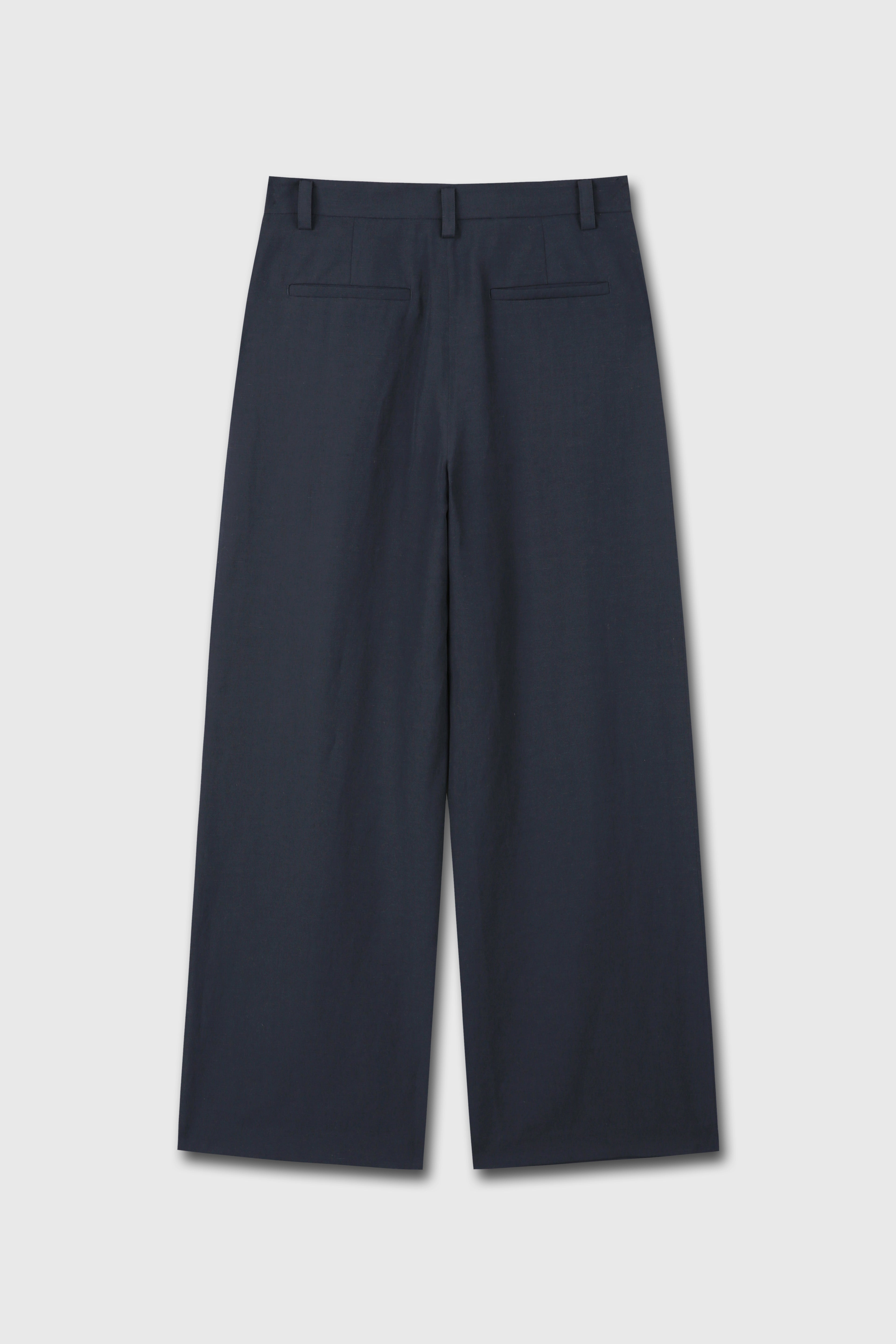 LINEN TWO PLEATS WIDE PANTS_ NAVY