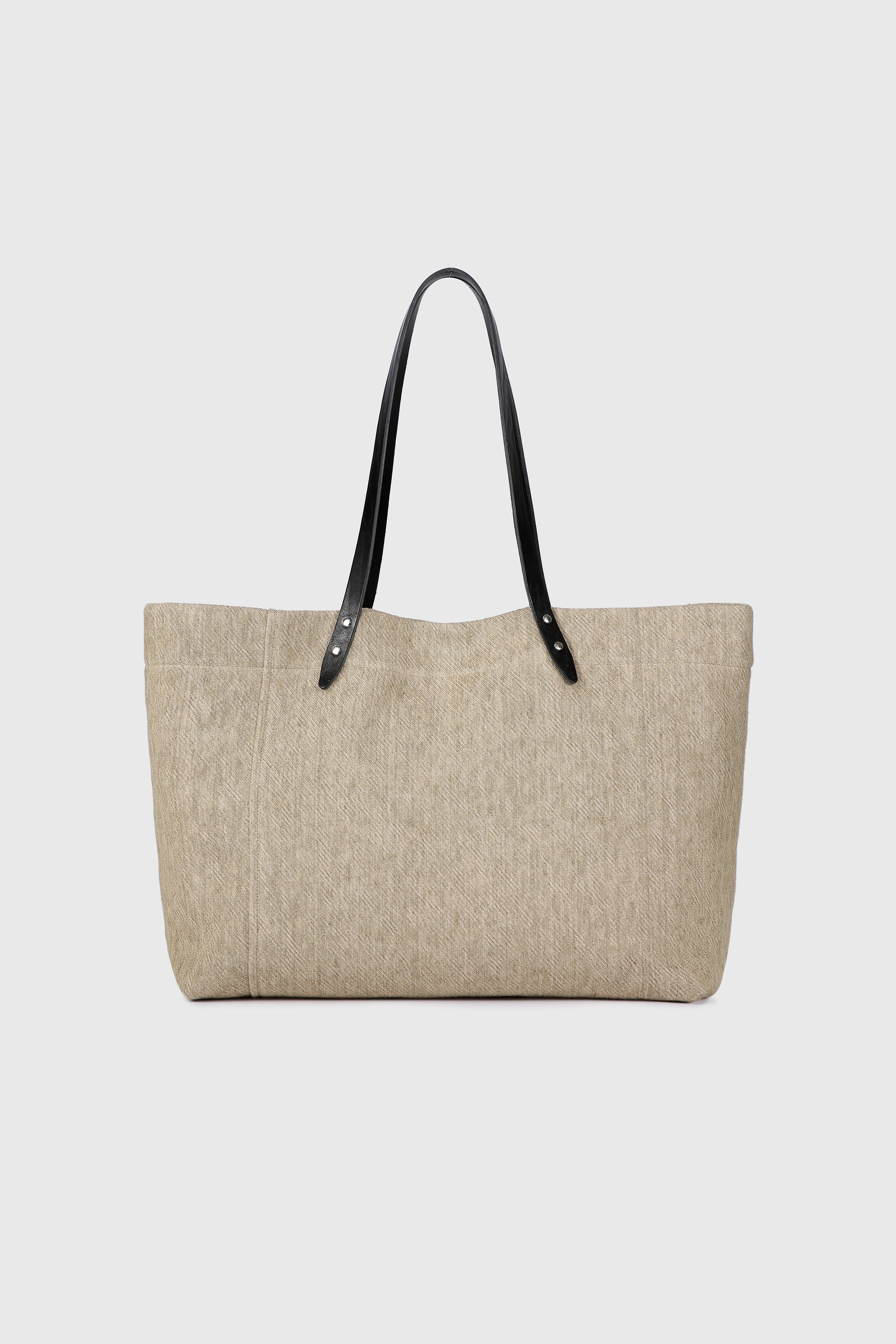 LEATHER HANDLE CANVAS TOTE BAG_ BEIGE KHAKI