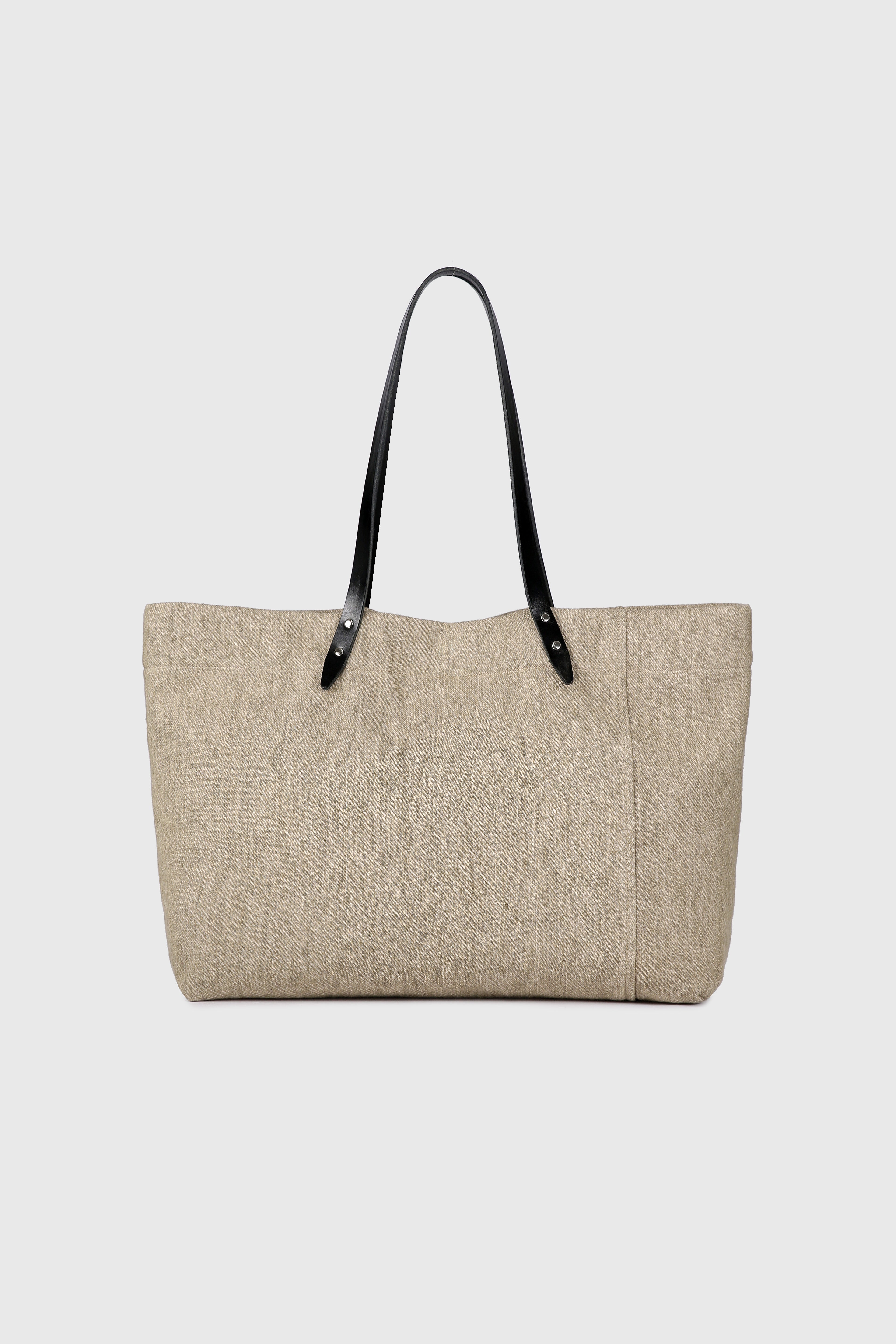 LEATHER HANDLE CANVAS TOTE BAG_ BEIGE KHAKI