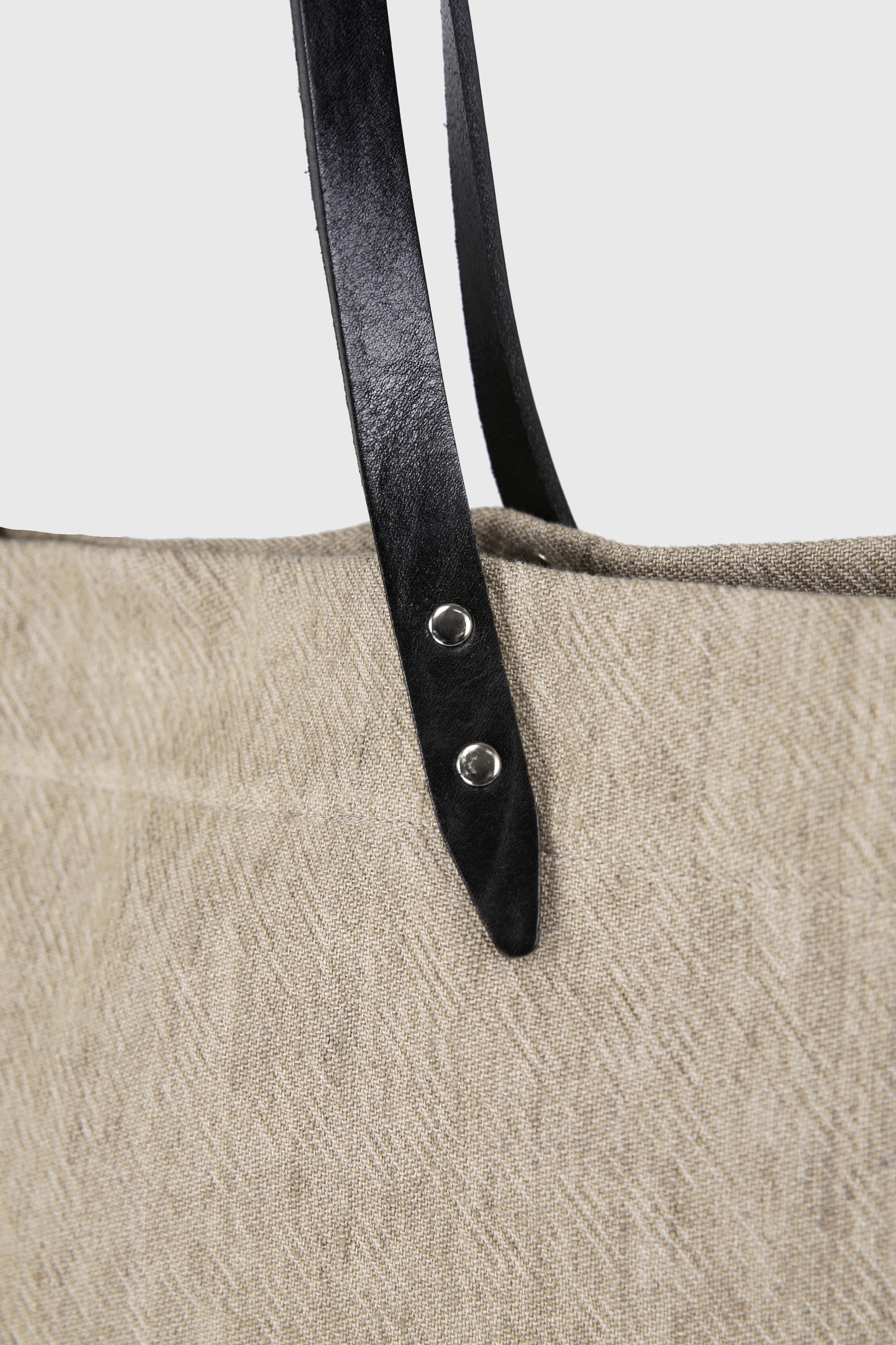 LEATHER HANDLE CANVAS TOTE BAG_ BEIGE KHAKI