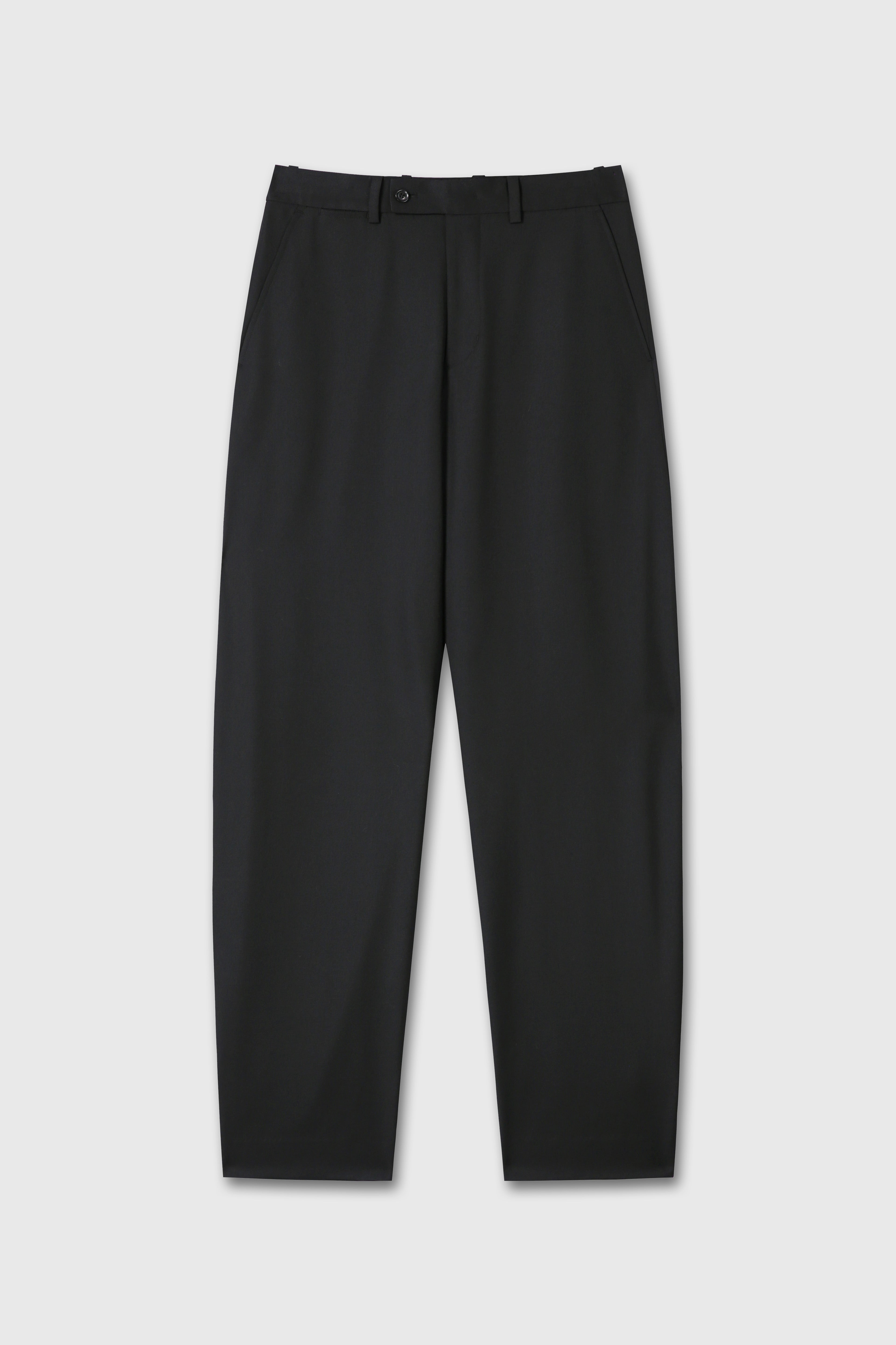 WOOL TWILL CURVED-LEG STRAP TROUSERS_ BLACK