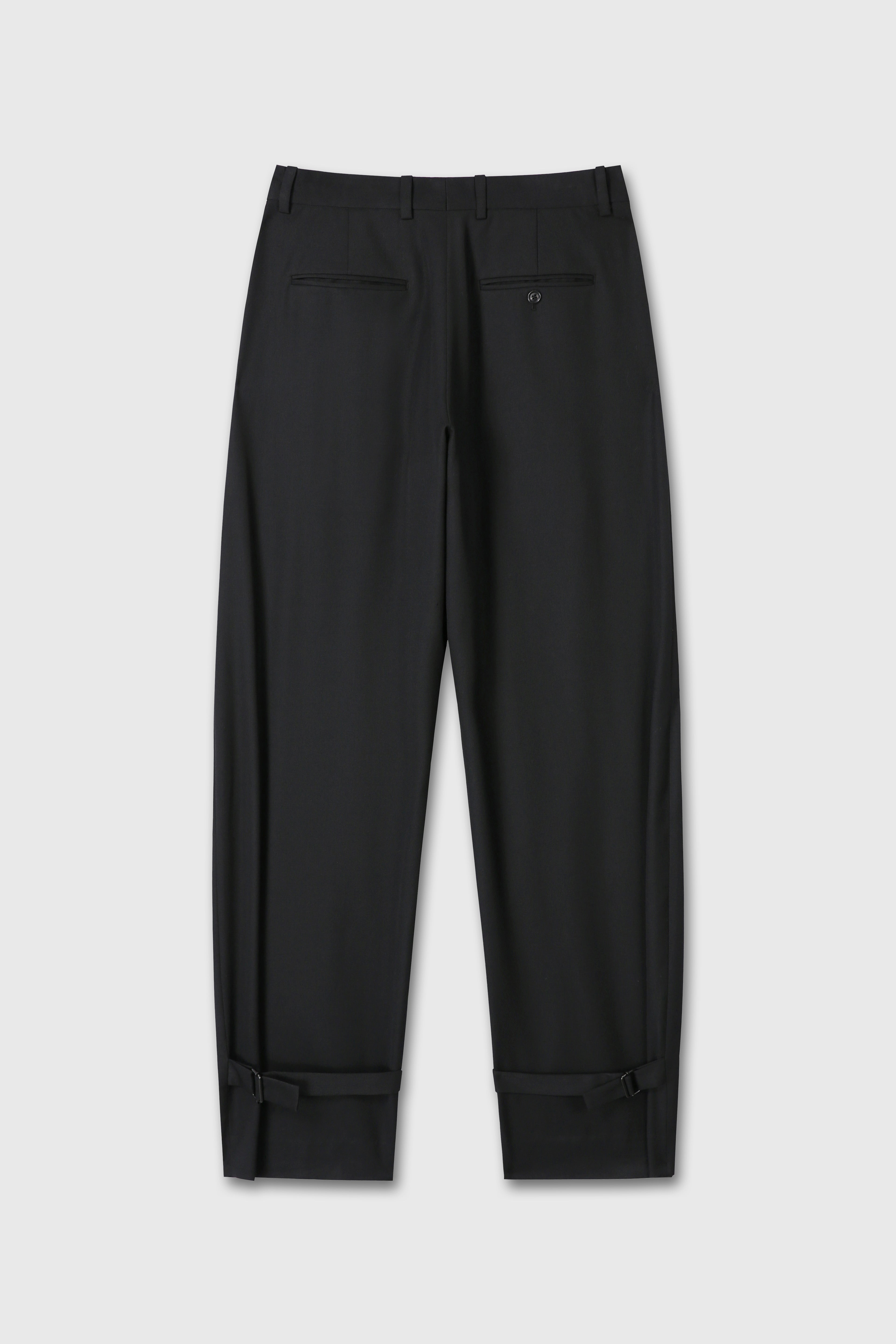 WOOL TWILL CURVED-LEG STRAP TROUSERS_ BLACK