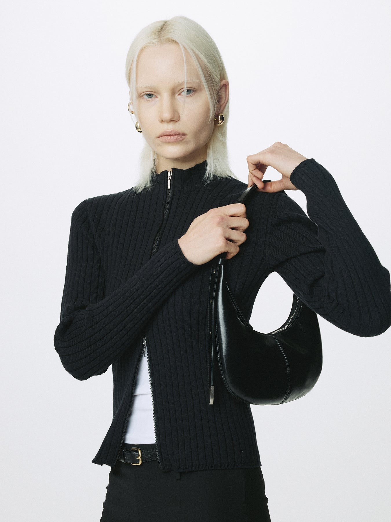 (W) COTTON RIBBED FULL ZIP-UP_ BLACK
