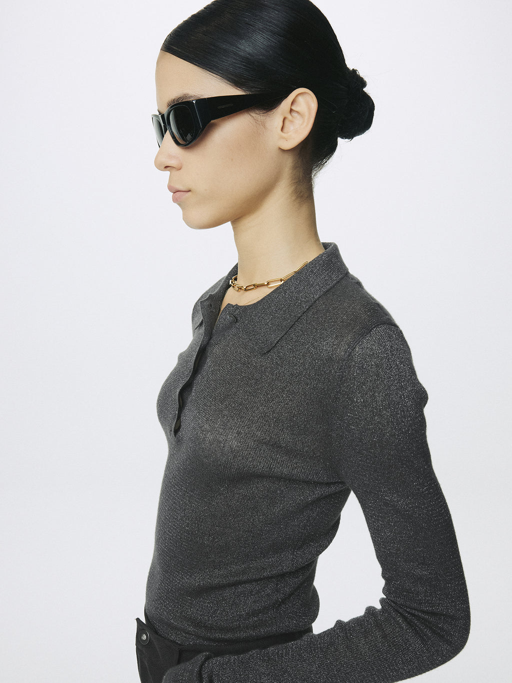 (W) GLITTER RIBBED KNIT POLO SHIRT_ CHARCOAL