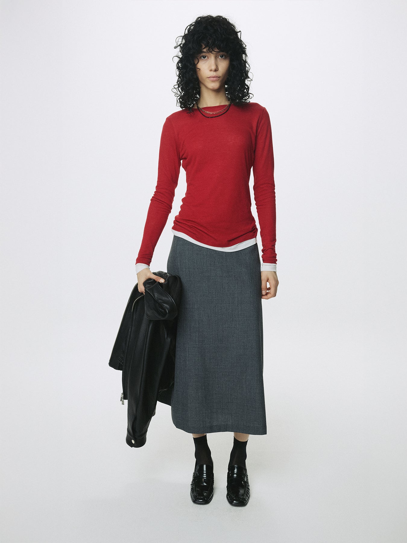 (W) WOOL MIDI SKIRT_ GREY