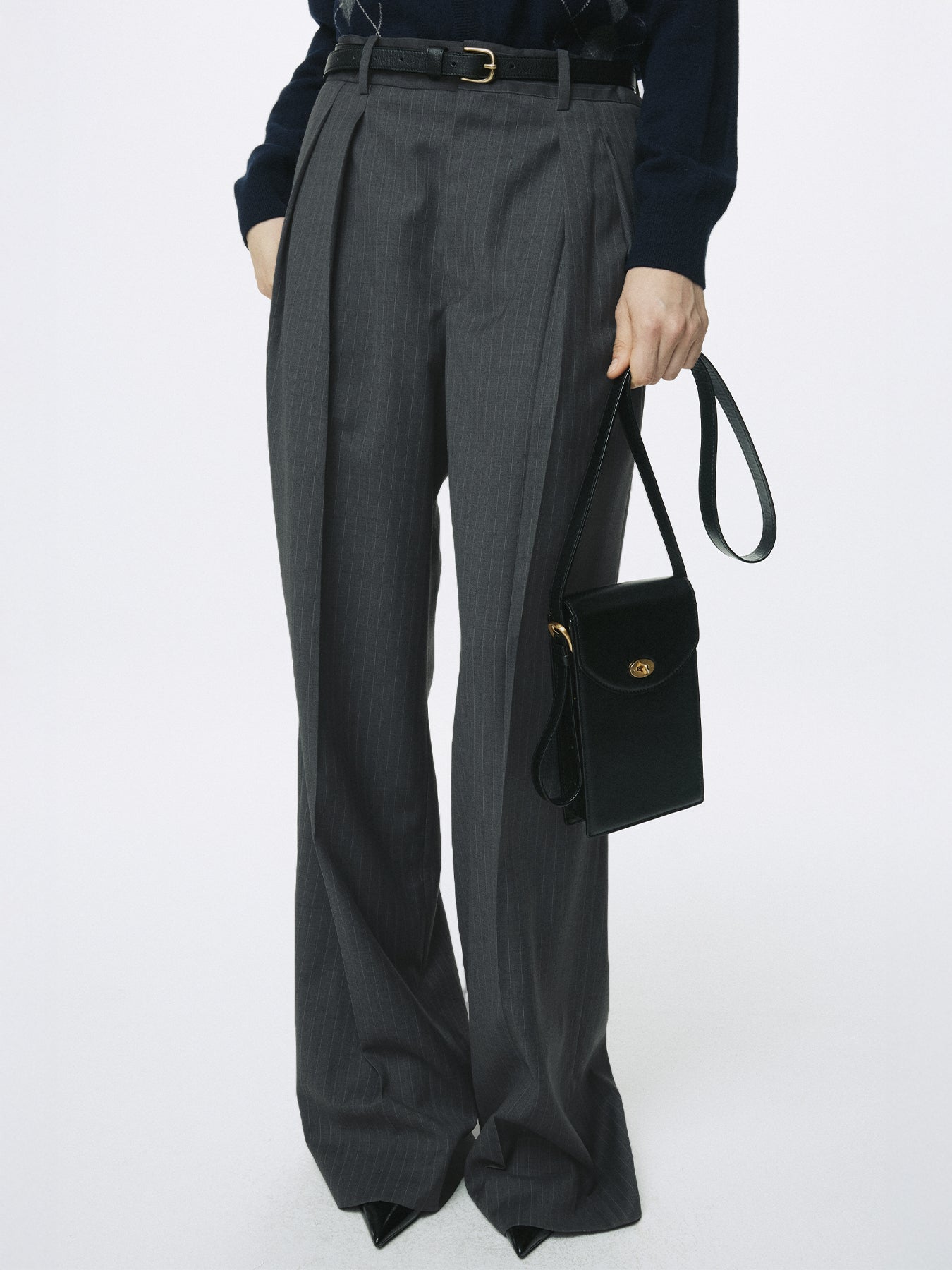 (W) STRIPED WOOL DOUBLE-PLEATED WIDE TROUSERS_ GREY STRIPE