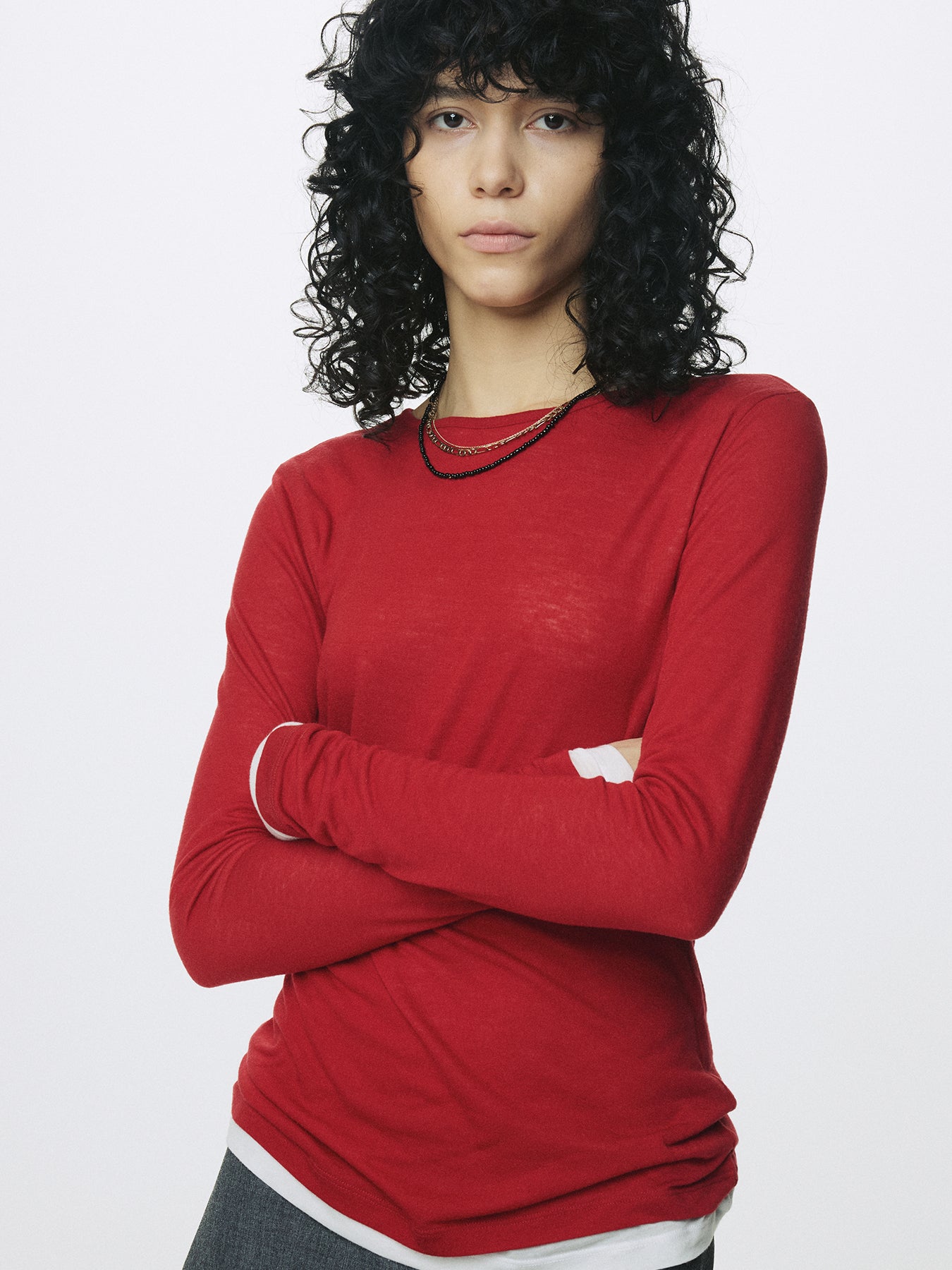(W) TENCEL LAYERED LONG SLEEVE_ RED/WHITE