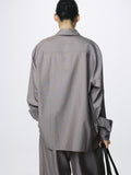 (W) SILK WOOL OVERSIZED RAW EDGE SHIRT_ DARK GREY STRIPE