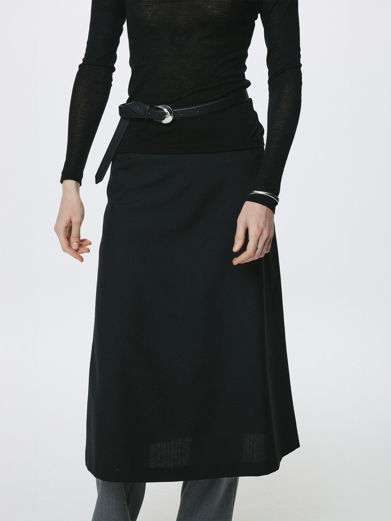 (W) WOOL MIDI SKIRT_ BLACK